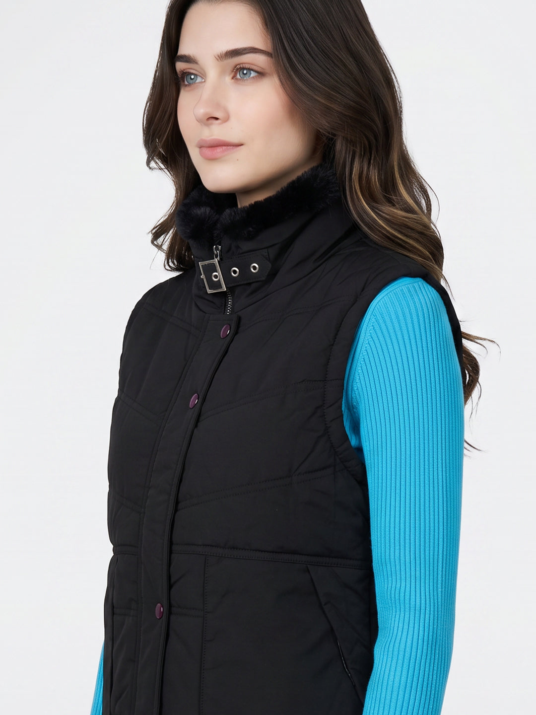 Women Black Solid Collar Sleeveless Puffer Jacket