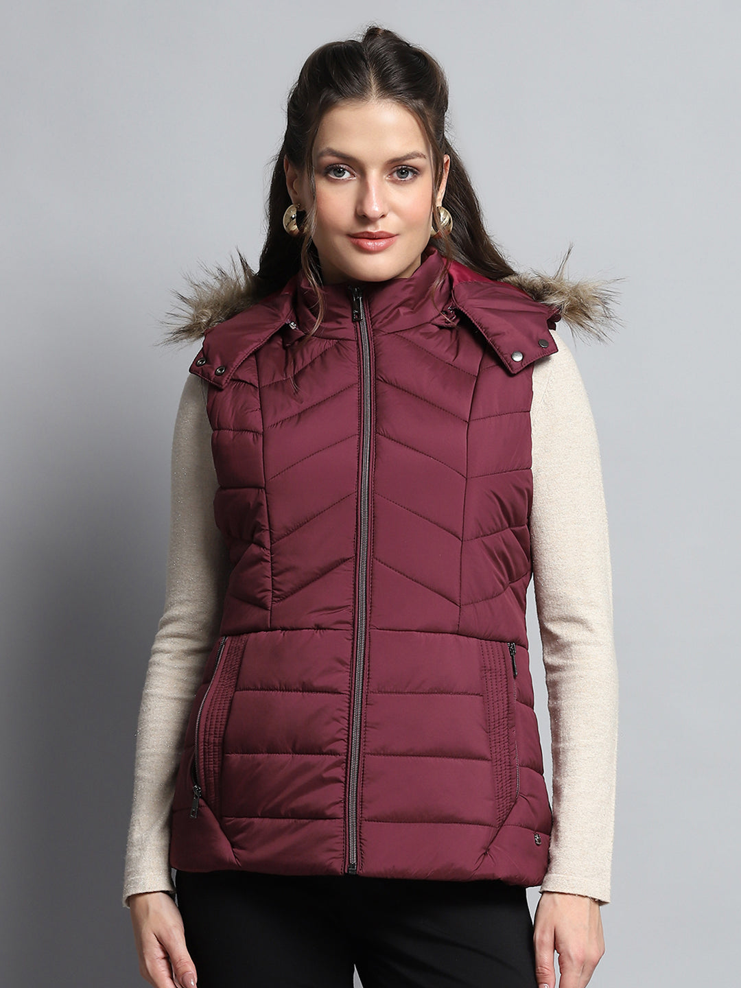 Women Maroon Solid Detachable Hood Sleeveless Jacket