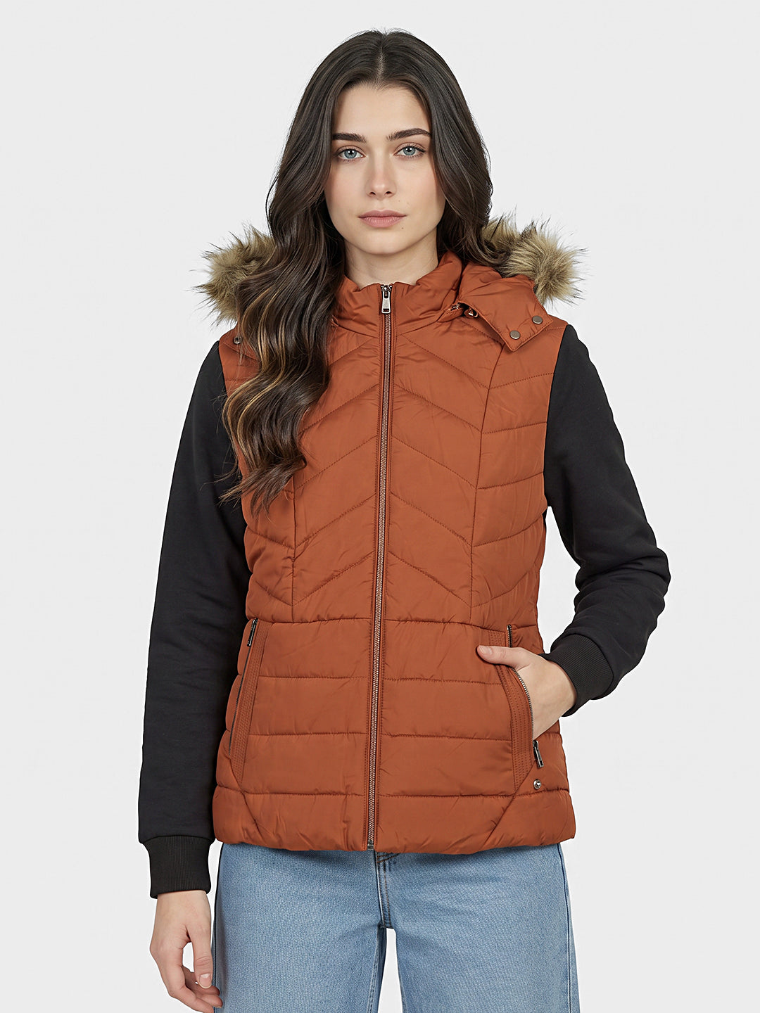 Women Rust Solid Detachable Hood Sleeveless Puffer Jacket