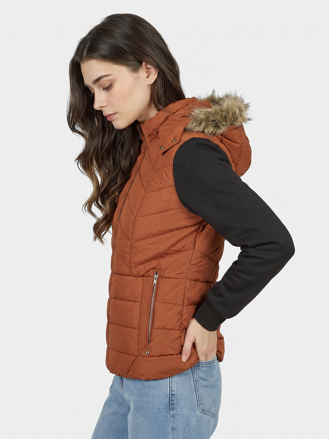 Women Rust Solid Detachable Hood Sleeveless Puffer Jacket