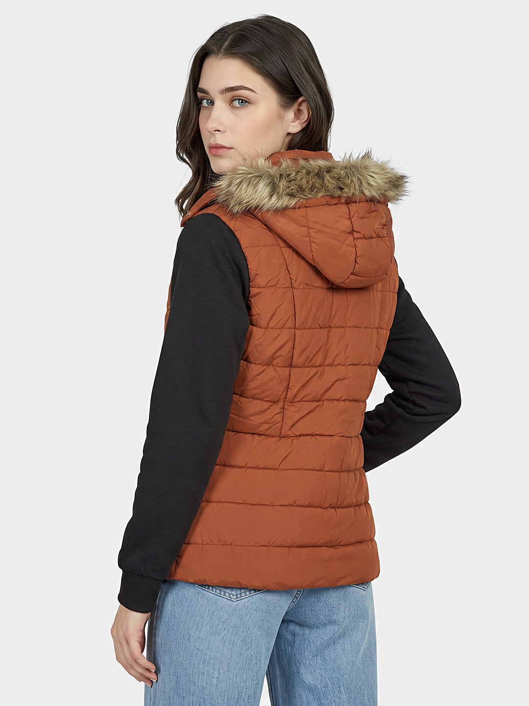 Women Rust Solid Detachable Hood Sleeveless Puffer Jacket