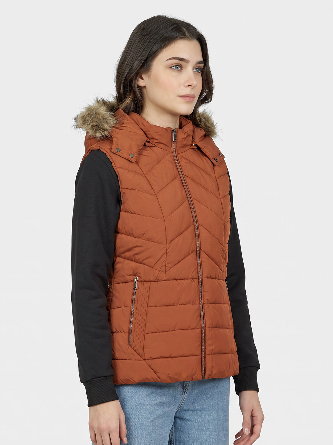 Women Rust Solid Detachable Hood Sleeveless Puffer Jacket