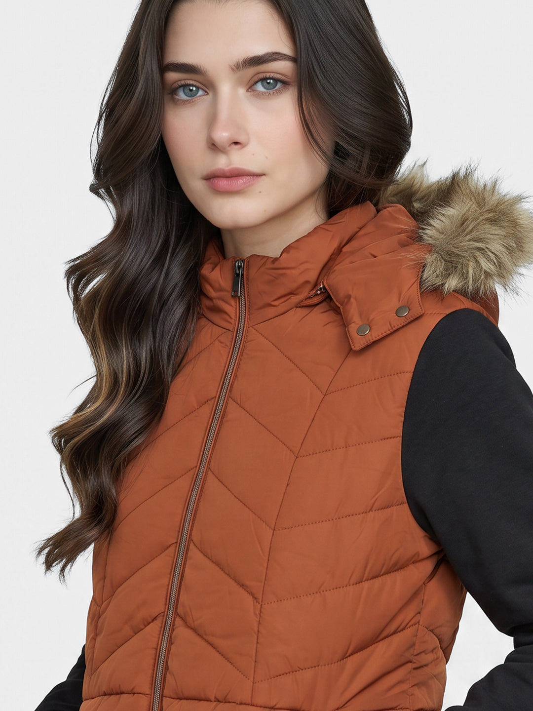 Women Rust Solid Detachable Hood Sleeveless Puffer Jacket