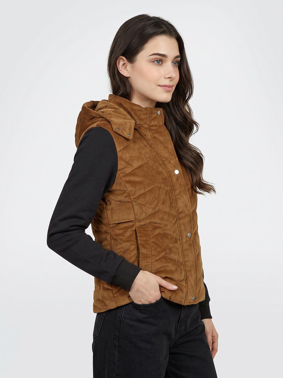 Women Tan Corduroy Detachable Hood Sleeveless Quilted Jacket