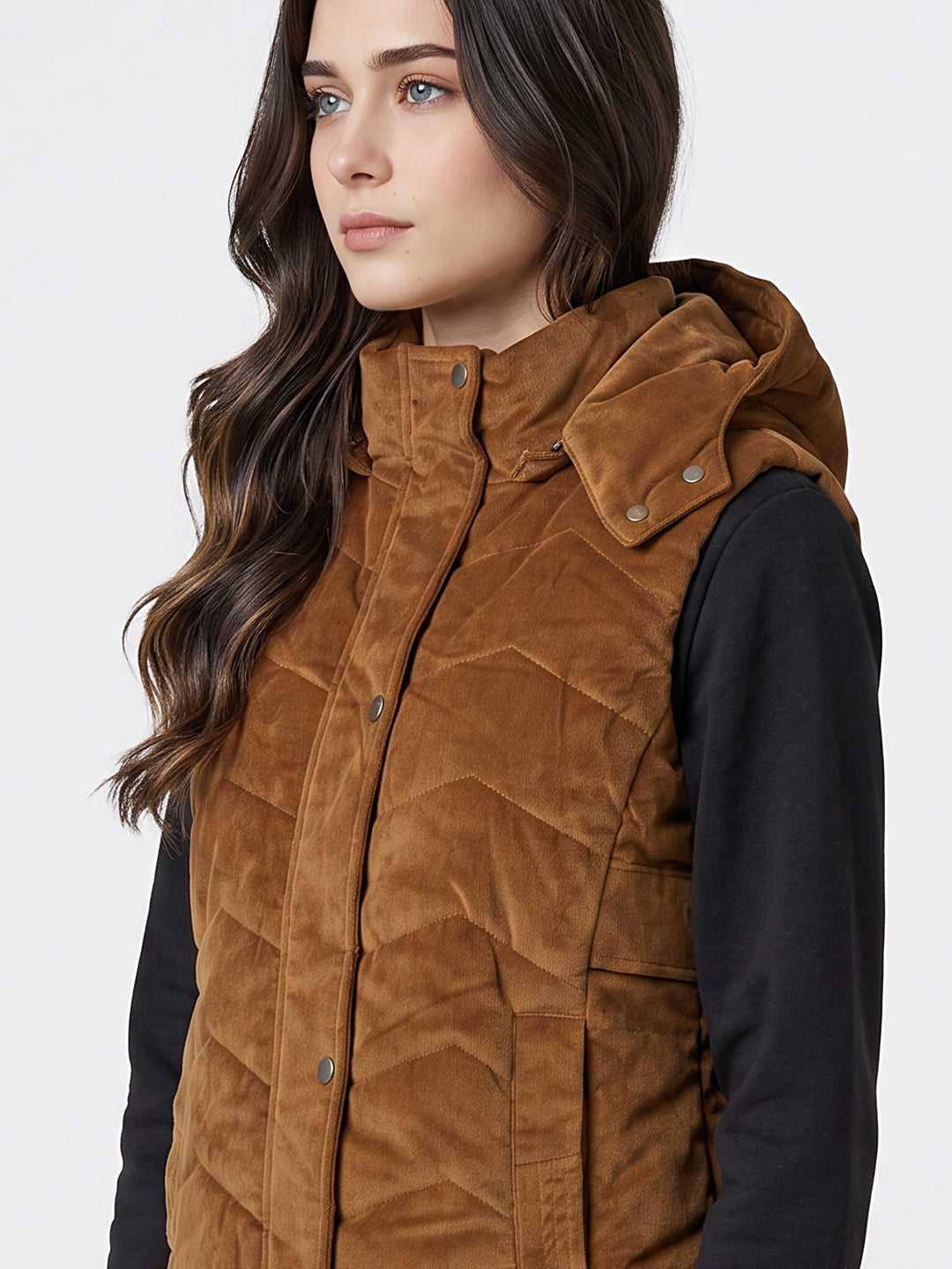 Women Tan Corduroy Detachable Hood Sleeveless Quilted Jacket
