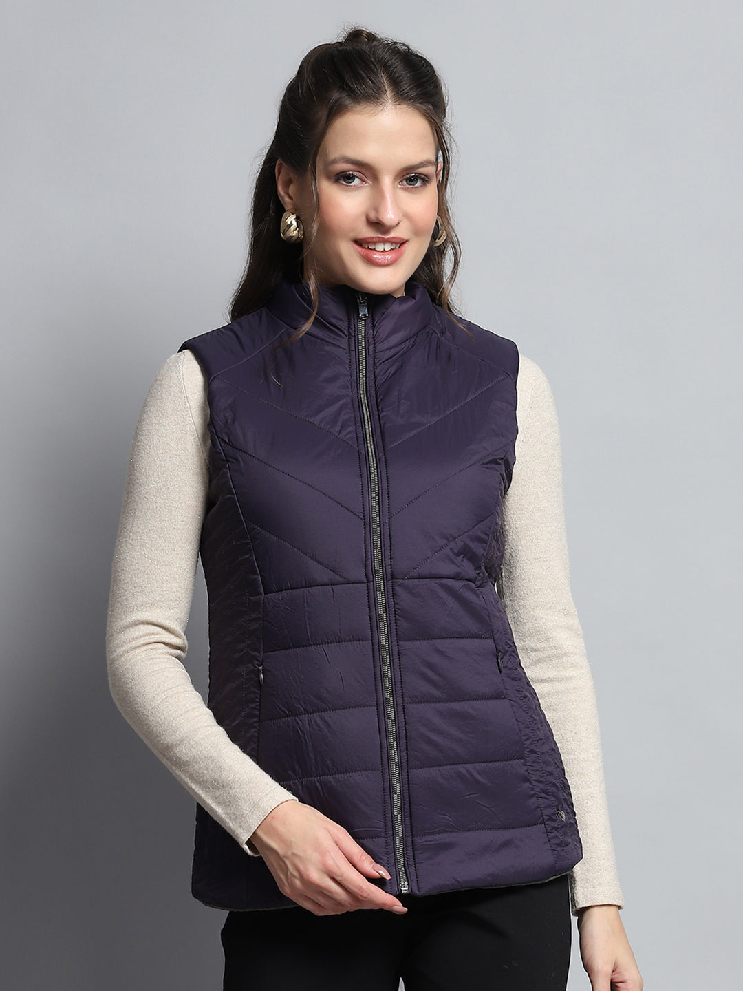 Women Purple Solid Mock Neck Sleeveless Reversible Jacket