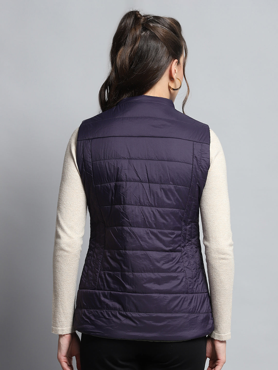 Women Purple Solid Mock Neck Sleeveless Reversible Jacket