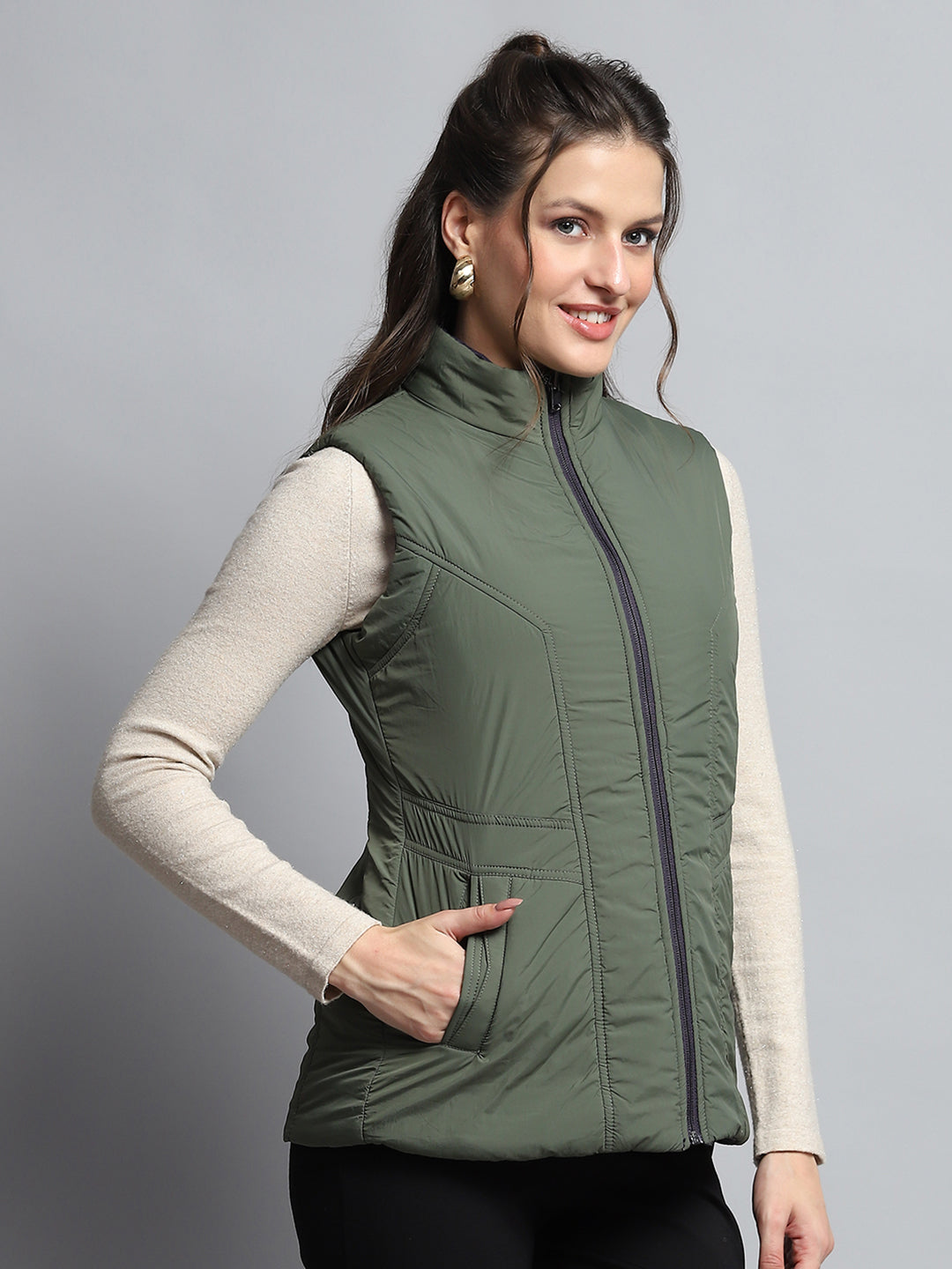 Women Purple Solid Mock Neck Sleeveless Reversible Jacket