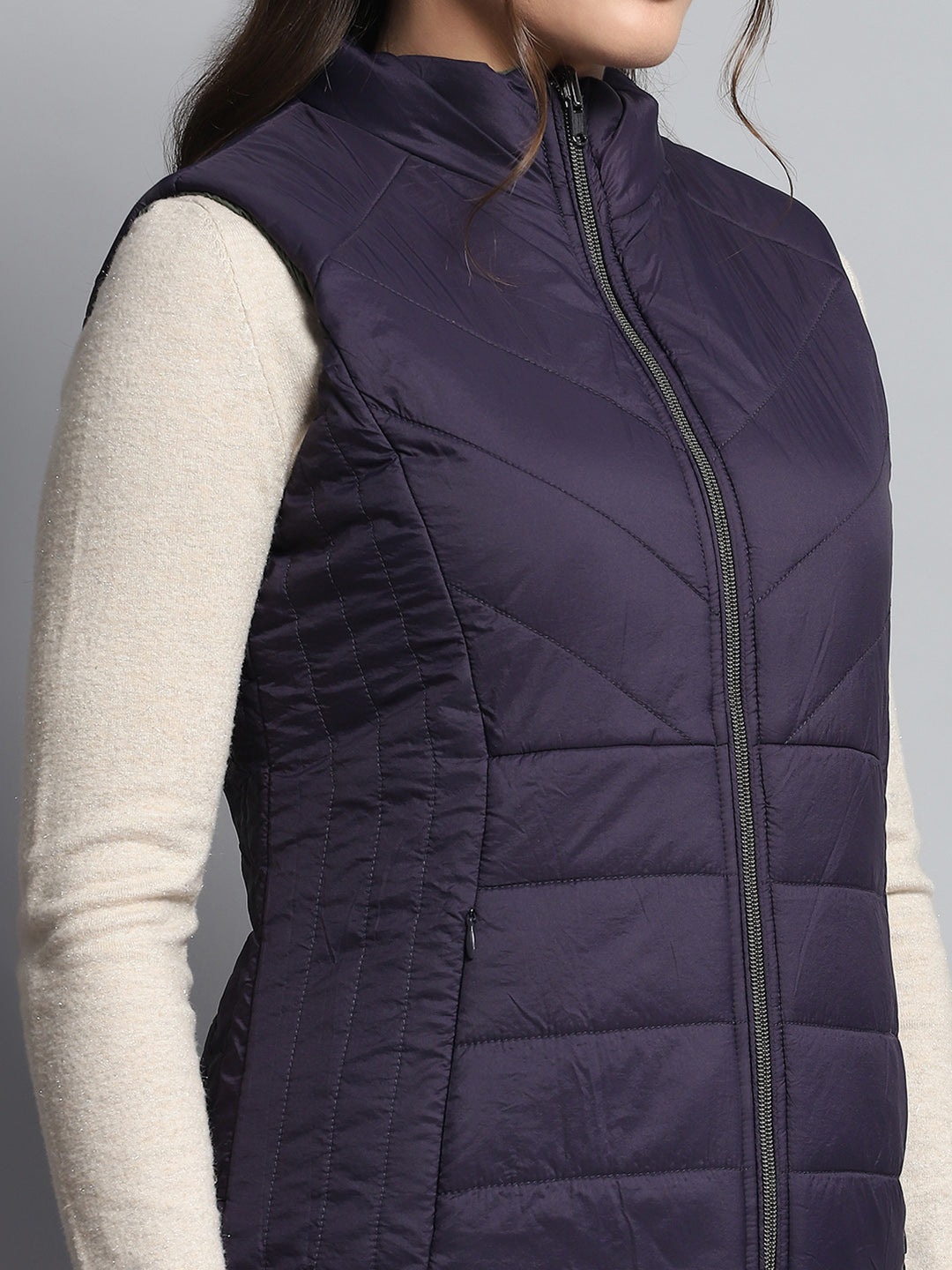 Women Purple Solid Mock Neck Sleeveless Reversible Jacket