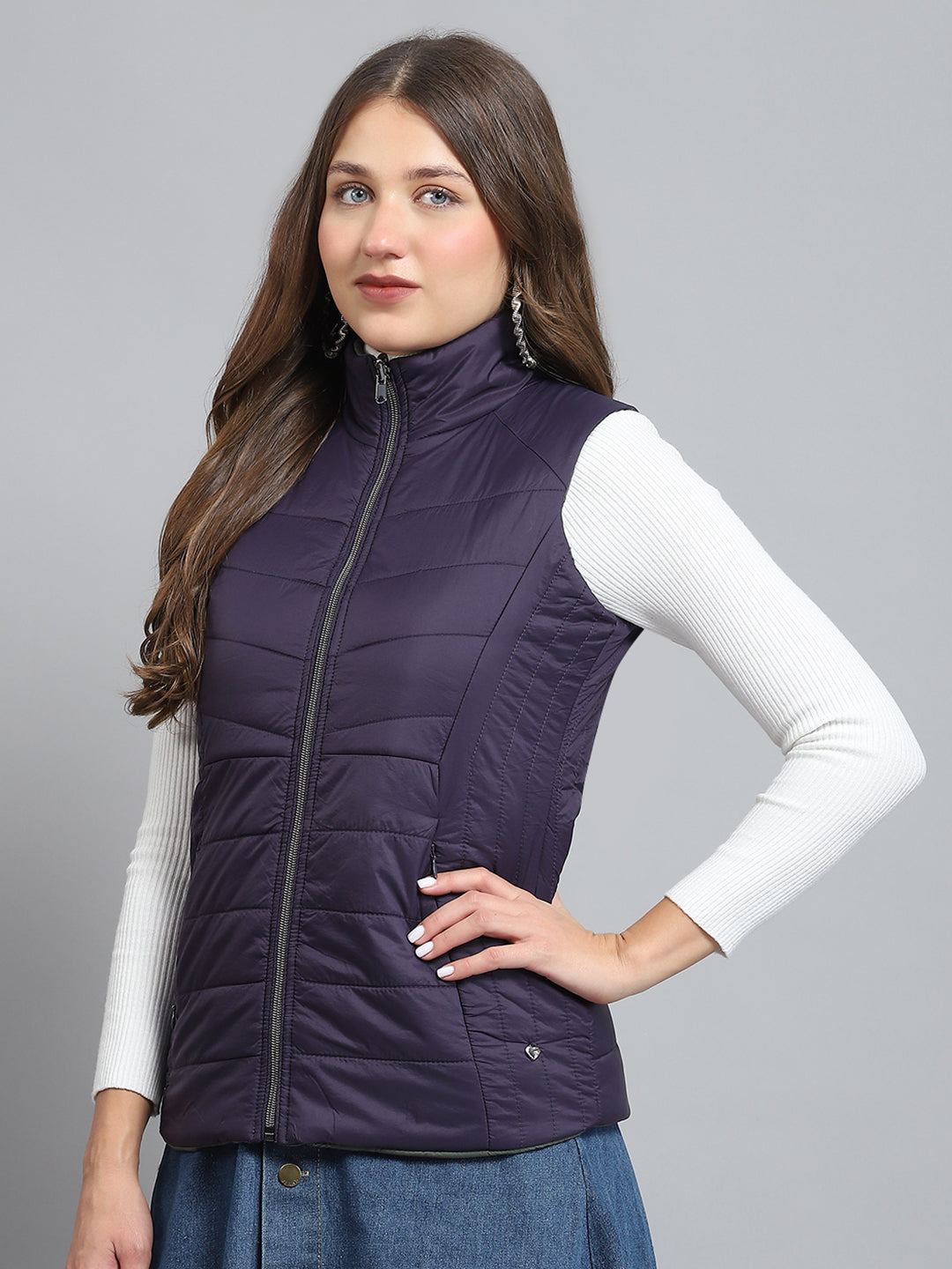 Women Purple Solid Mock Neck Sleeveless Reversible Jacket