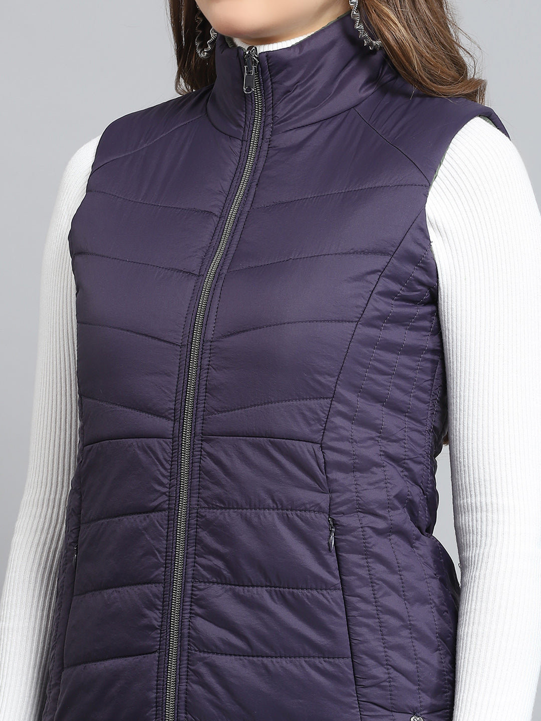 Women Purple Solid Mock Neck Sleeveless Reversible Jacket