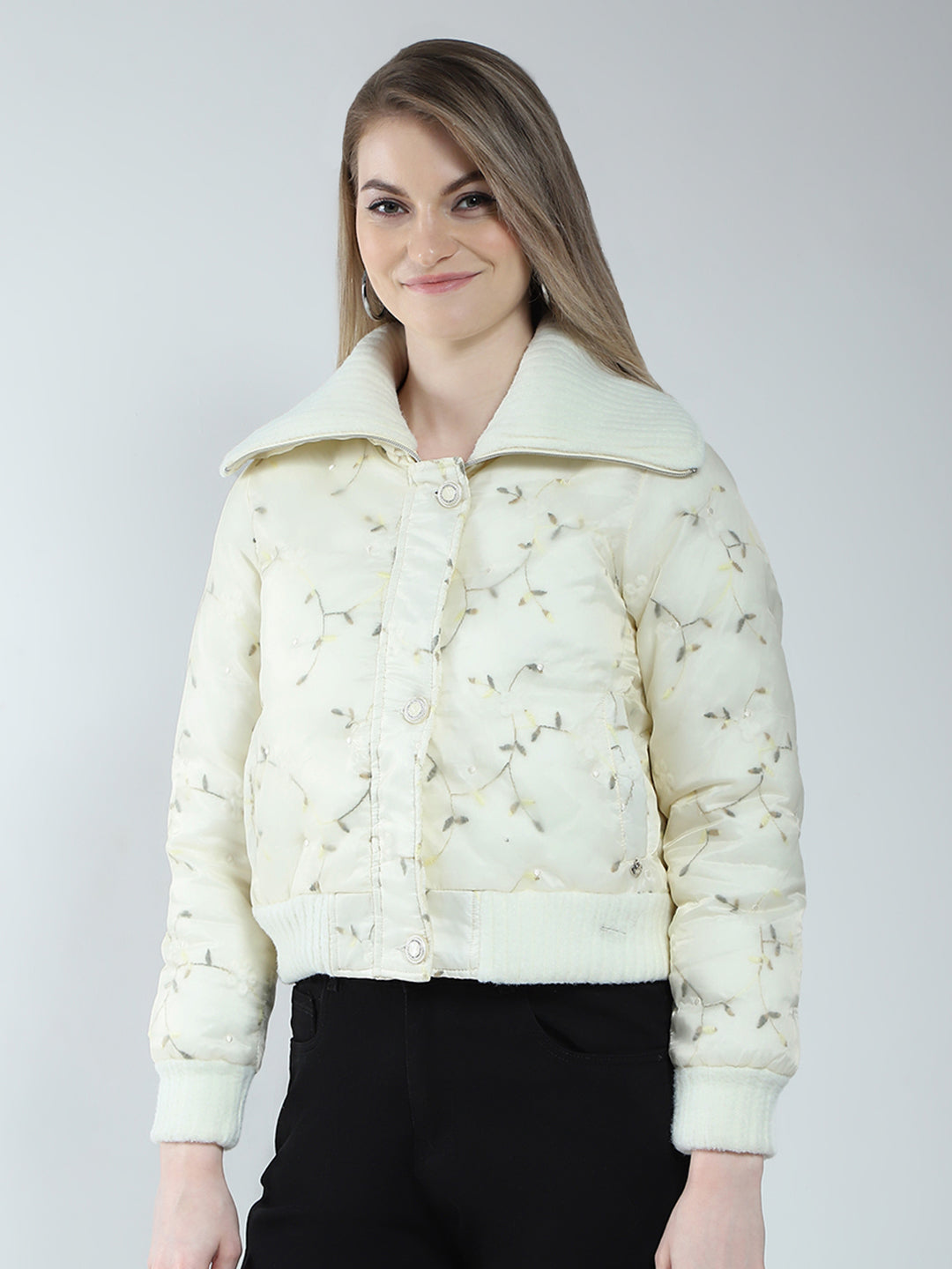 Women Off White Embroidered Collar Full Sleeve Jacket
