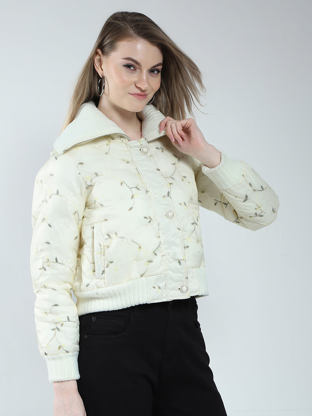 Women Off White Embroidered Collar Full Sleeve Jacket