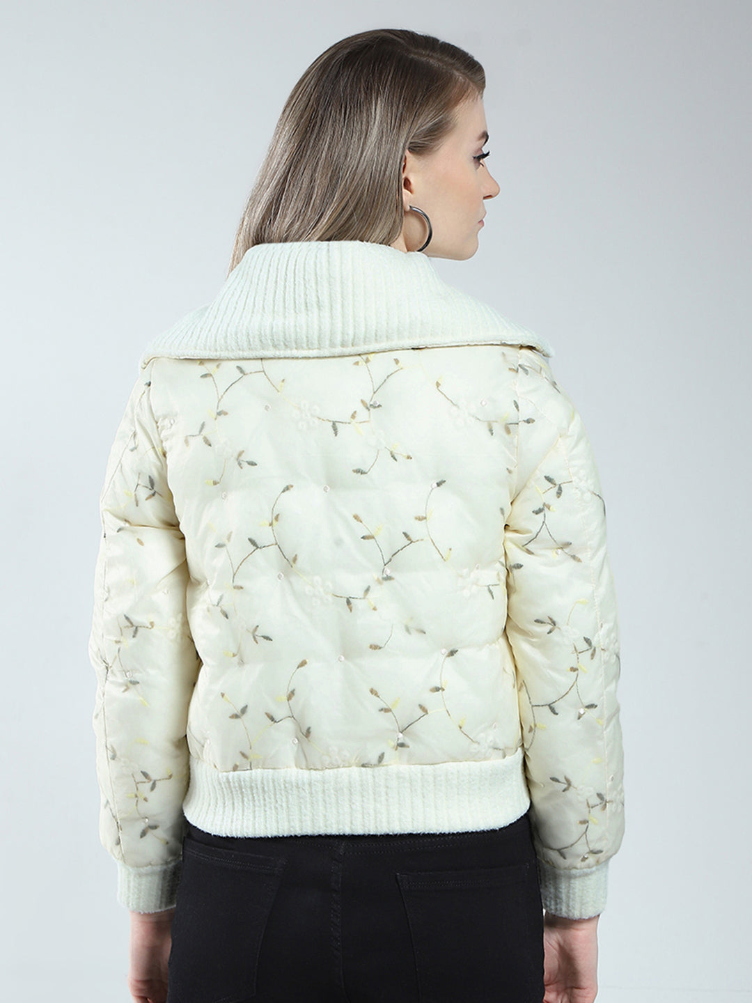 Women Off White Embroidered Collar Full Sleeve Jacket