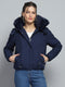 Women Navy Blue Solid Detachable Hood Full Sleeve Jacket