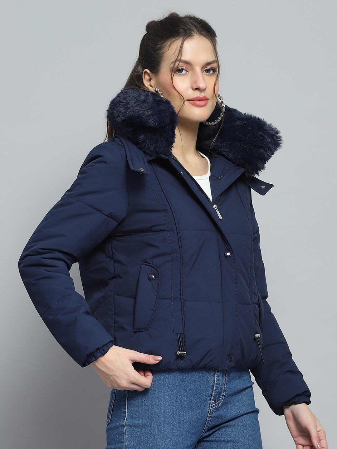 Women Navy Blue Solid Detachable Hood Full Sleeve Jacket