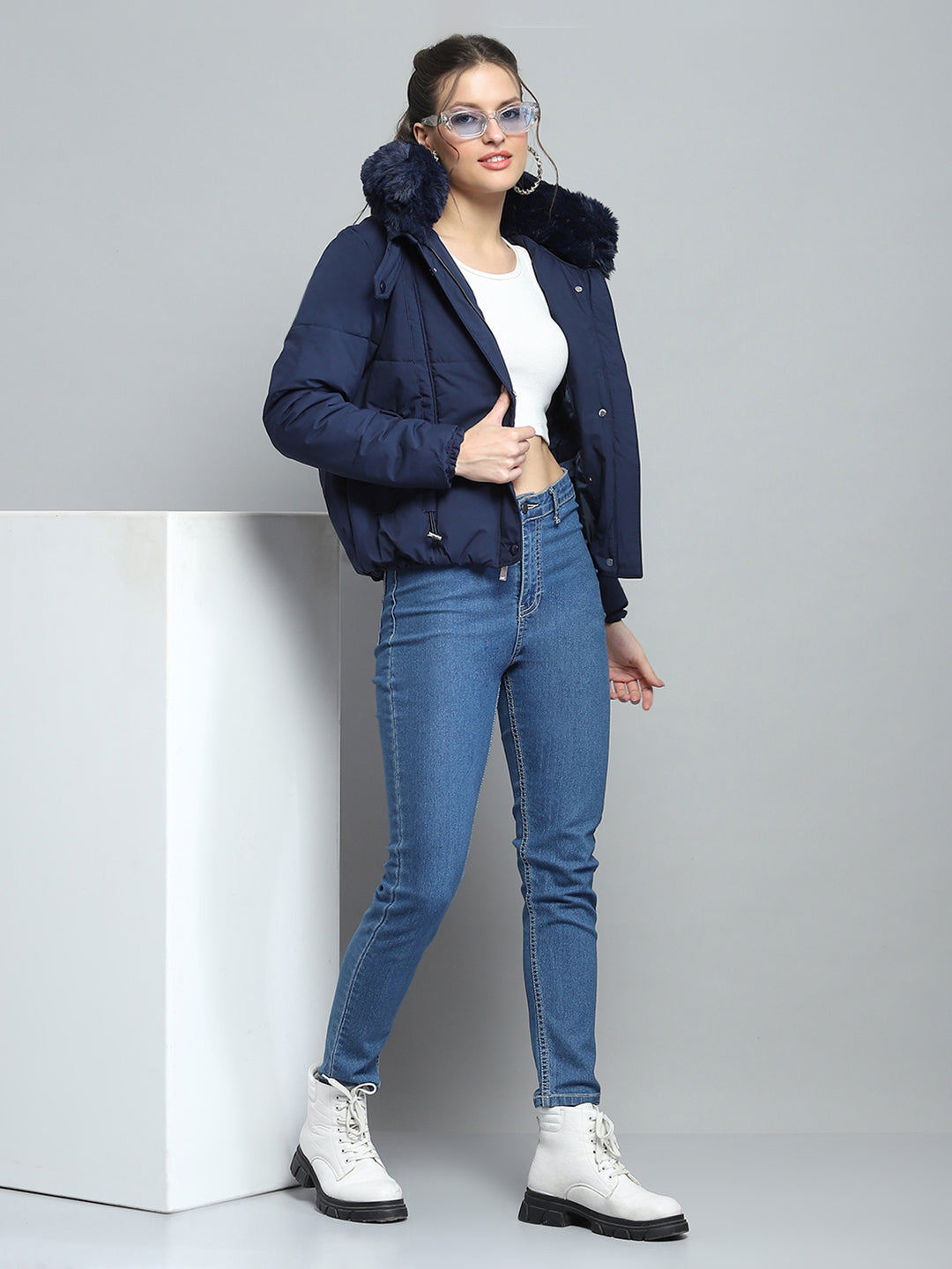 Women Navy Blue Solid Detachable Hood Full Sleeve Jacket