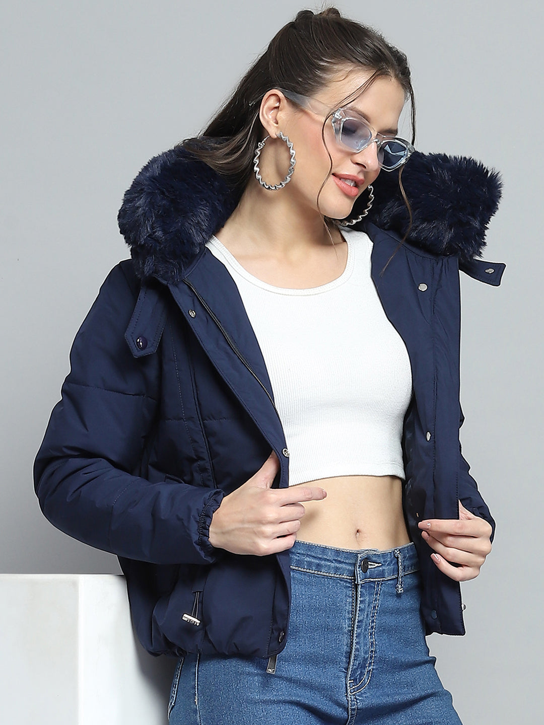 Women Navy Blue Solid Detachable Hood Full Sleeve Jacket