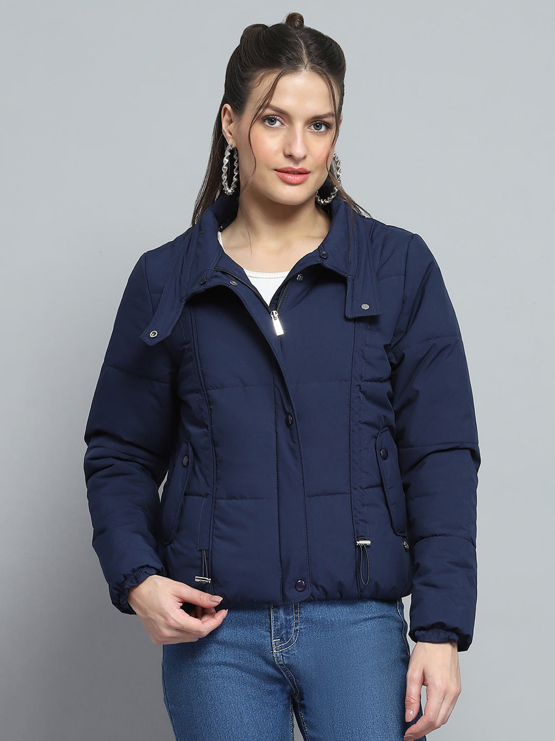 Women Navy Blue Solid Detachable Hood Full Sleeve Jacket