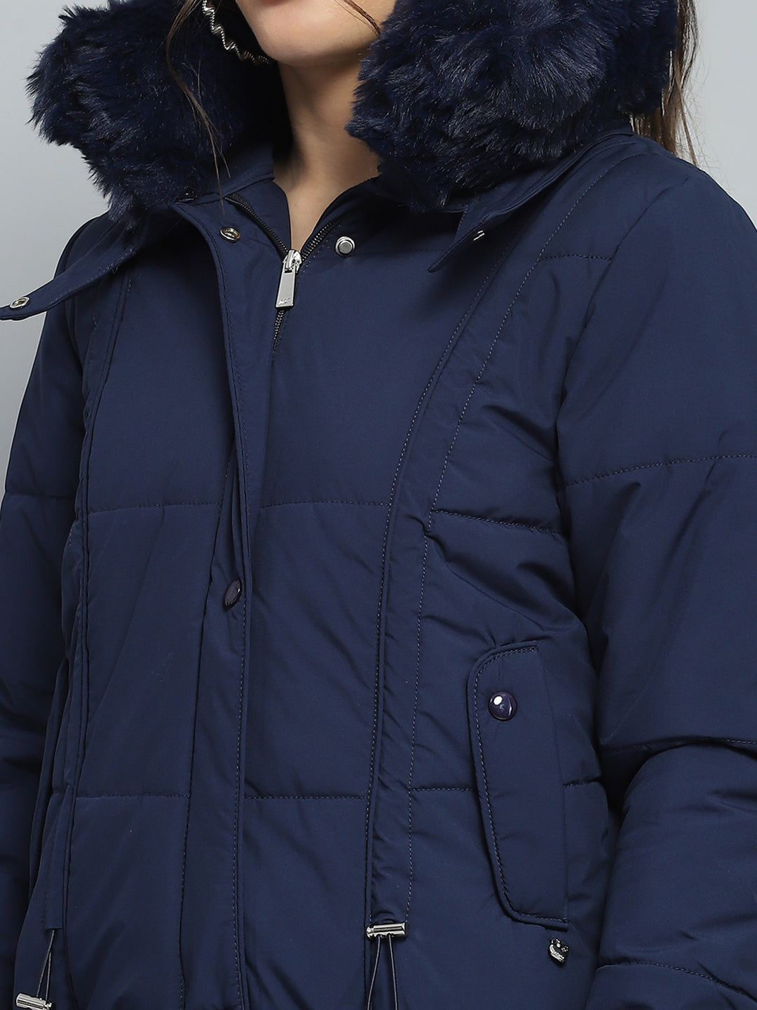 Women Navy Blue Solid Detachable Hood Full Sleeve Jacket