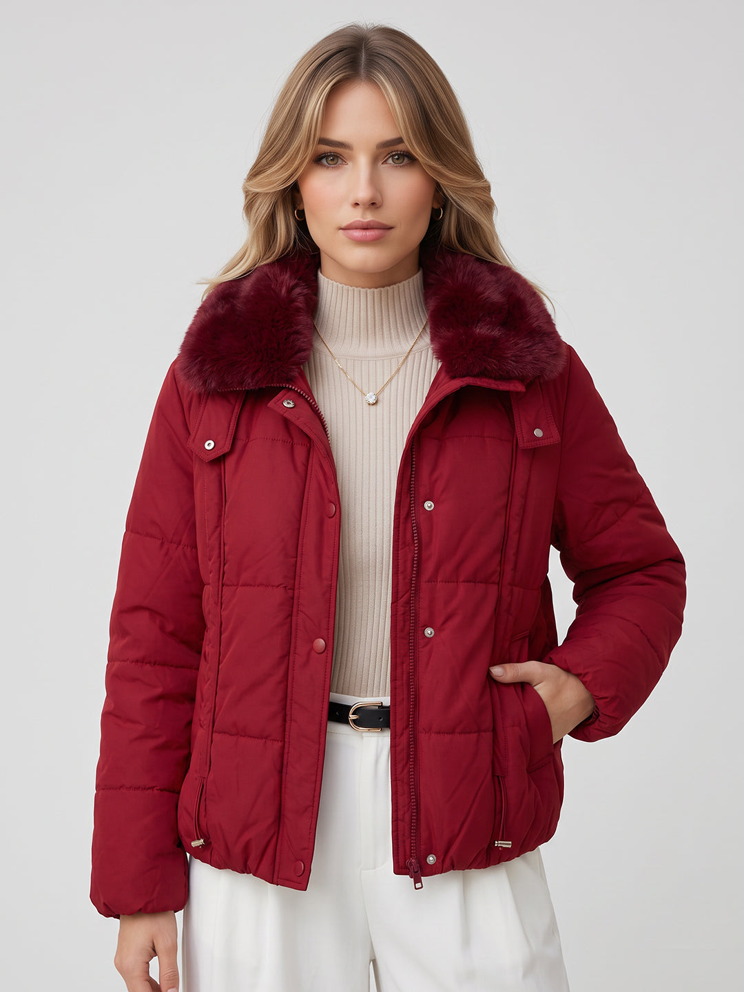 Women Maroon Solid Full Sleeve Jacket with Detachable Fur Collar