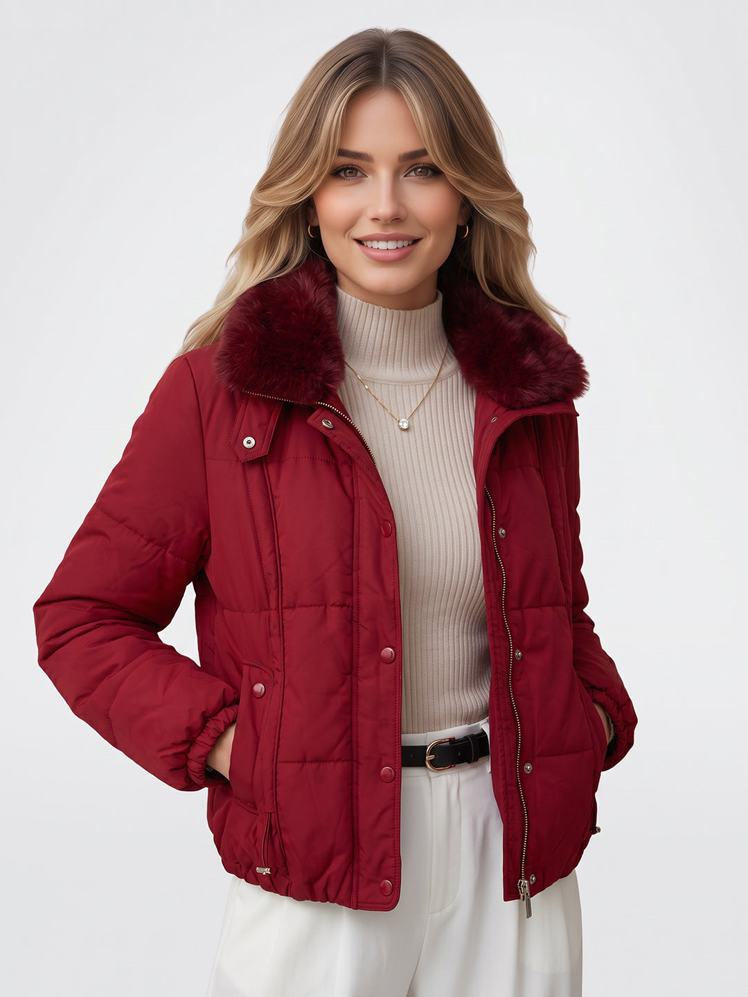 Women Maroon Solid Full Sleeve Jacket with Detachable Fur Collar