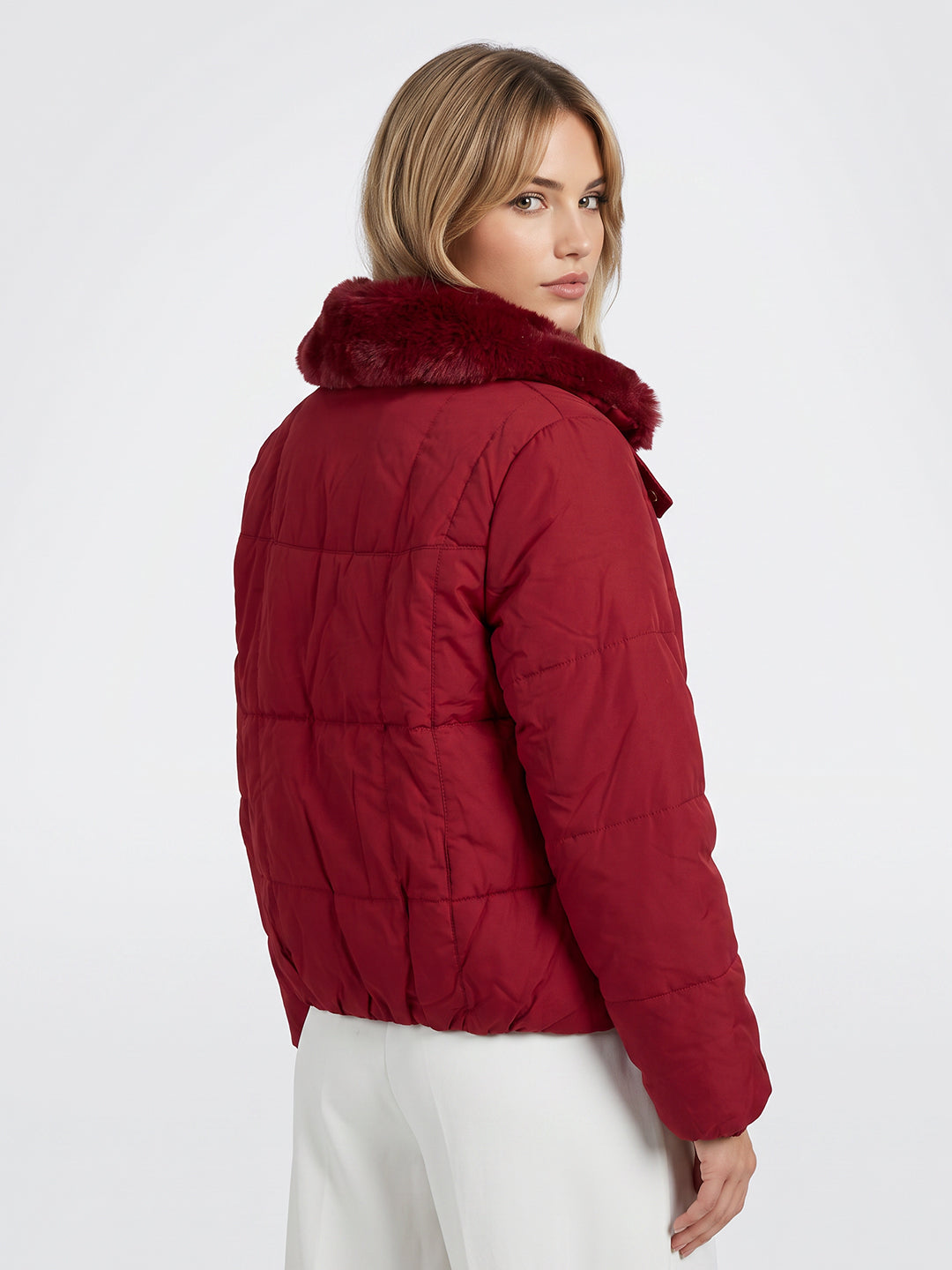 Women Maroon Solid Full Sleeve Jacket with Detachable Fur Collar
