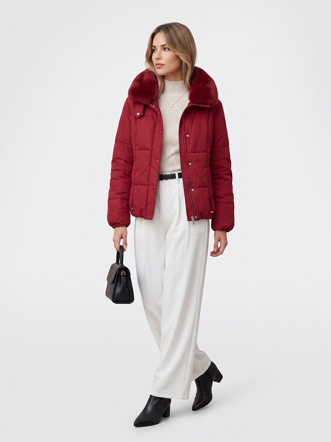 Women Maroon Solid Full Sleeve Jacket with Detachable Fur Collar