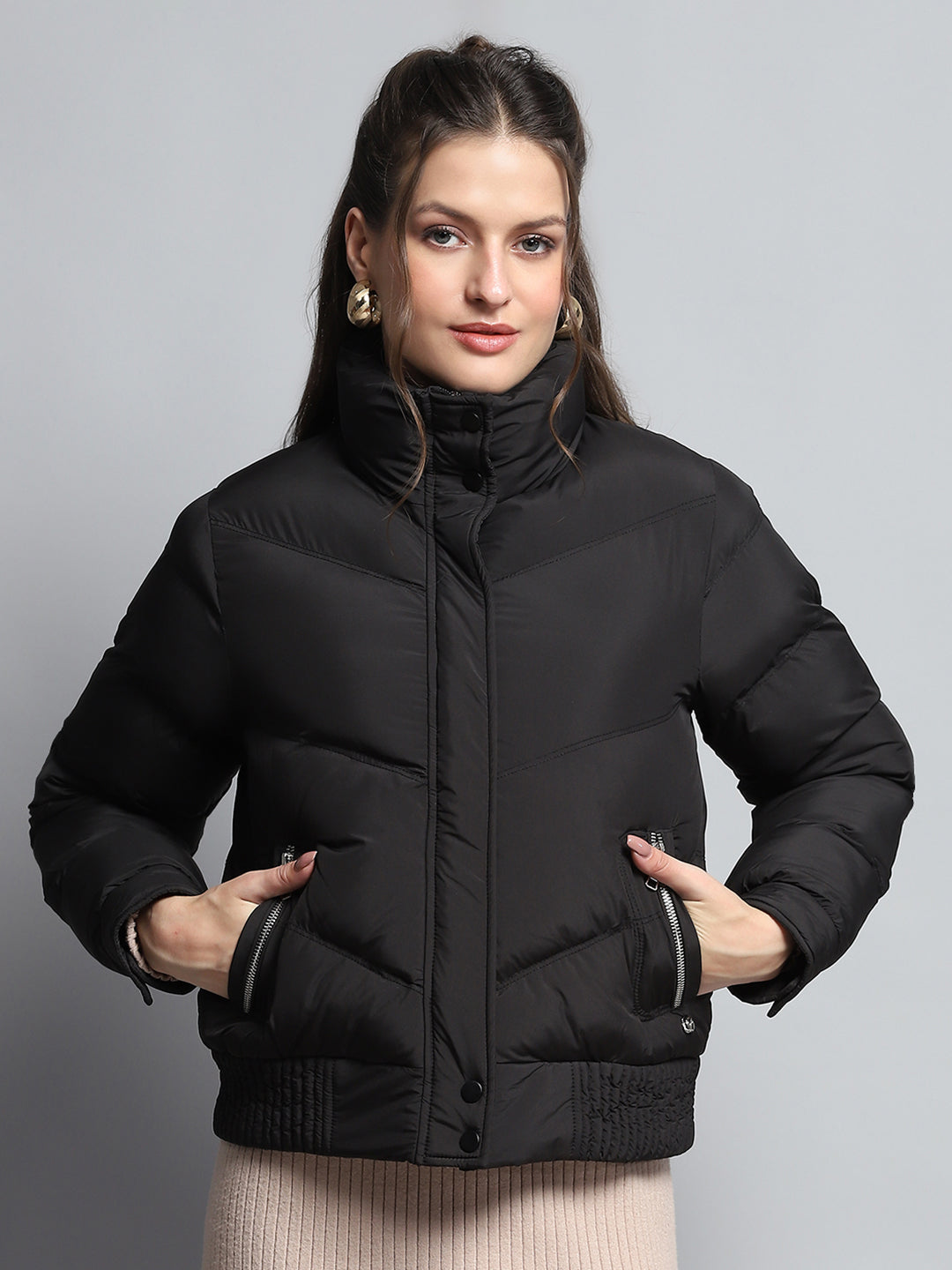 Women Black Solid Mock Neck Full Sleeve Jacket