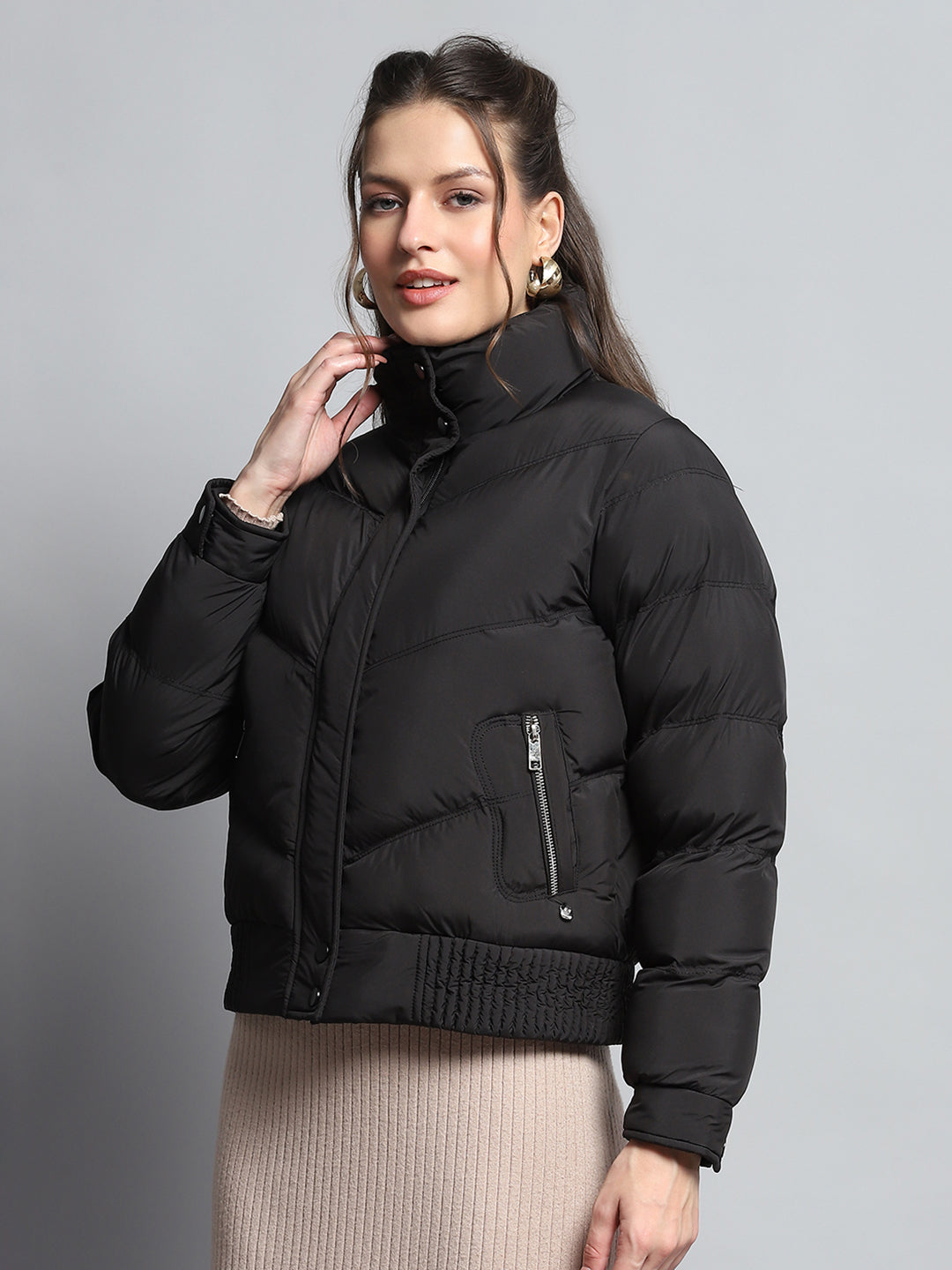 Women Black Solid Mock Neck Full Sleeve Jacket