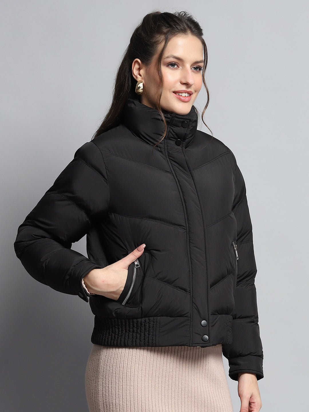 Women Black Solid Mock Neck Full Sleeve Jacket