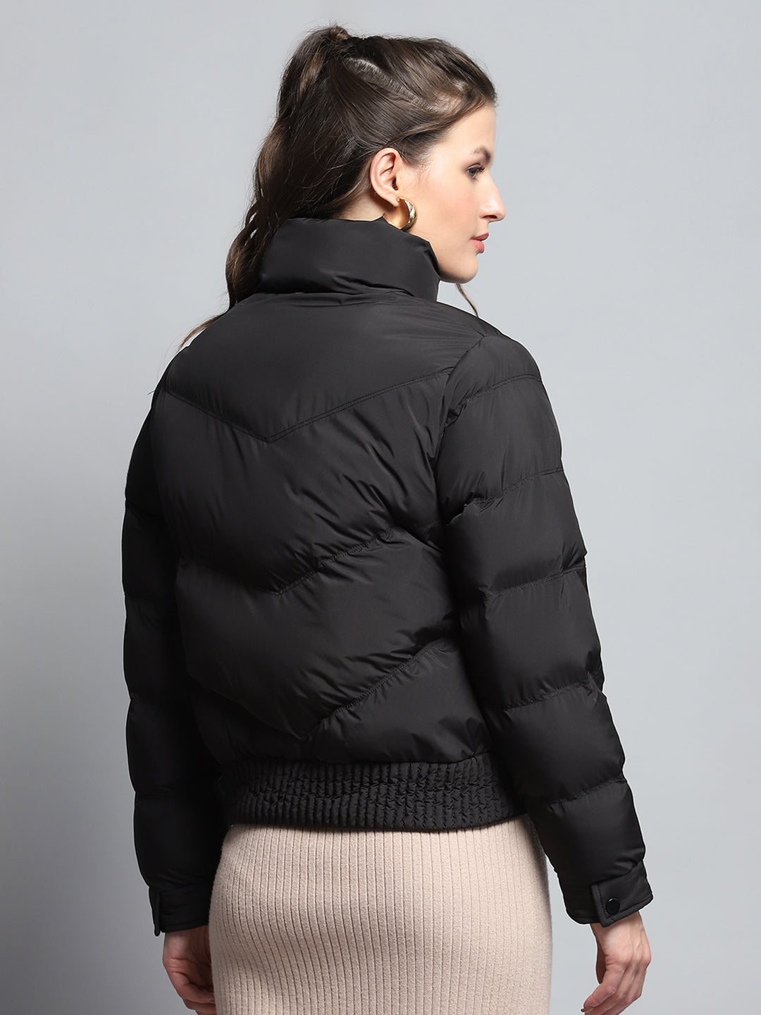 Women Black Solid Mock Neck Full Sleeve Jacket