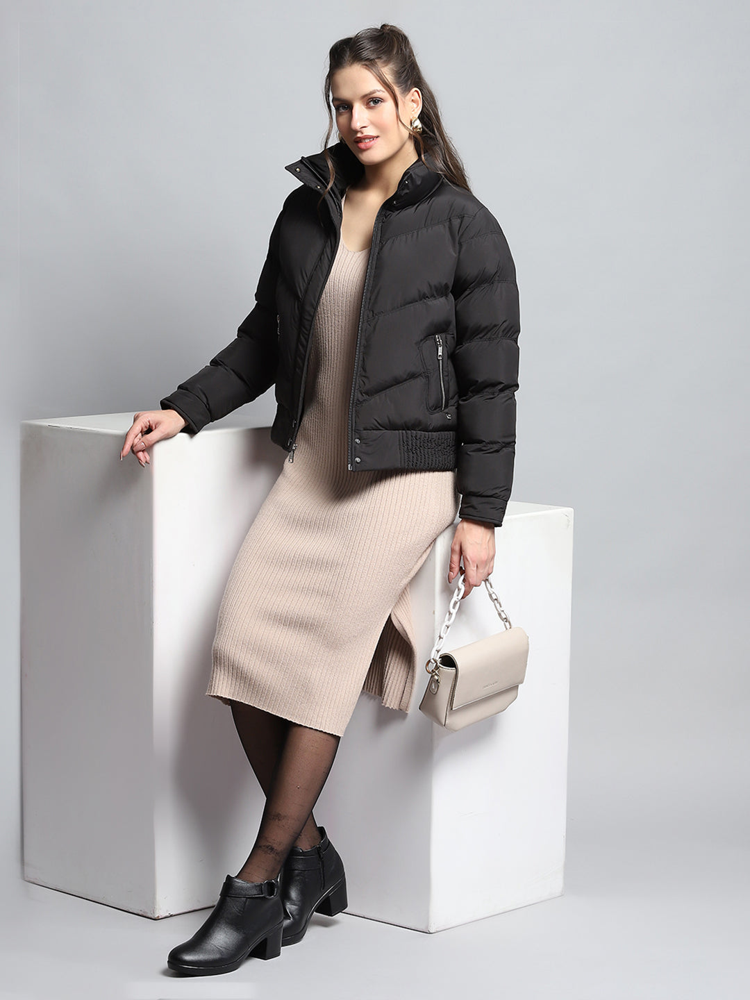 Women Black Solid Mock Neck Full Sleeve Jacket