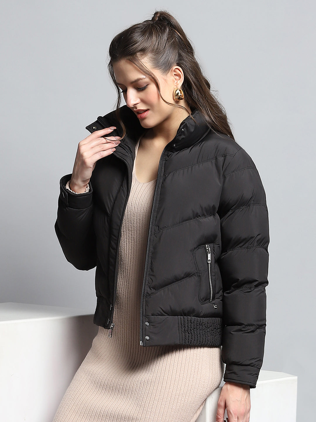 Women Black Solid Mock Neck Full Sleeve Jacket