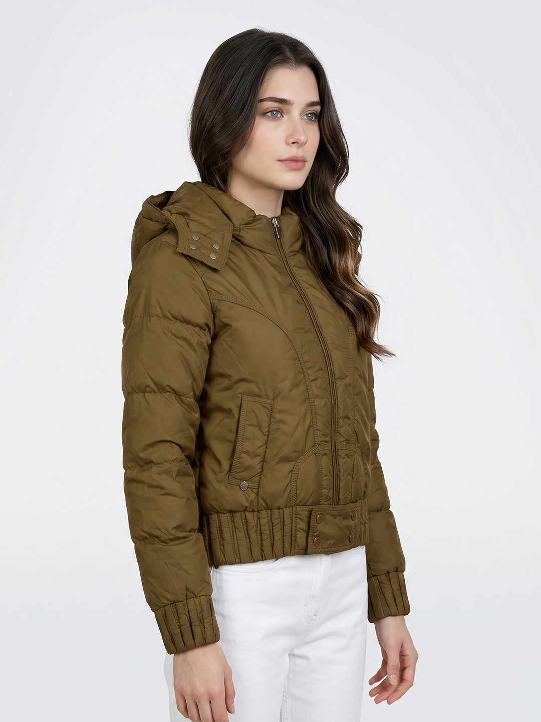 Women Olive Solid Detachable Hood Full Sleeve Puffer Jacket