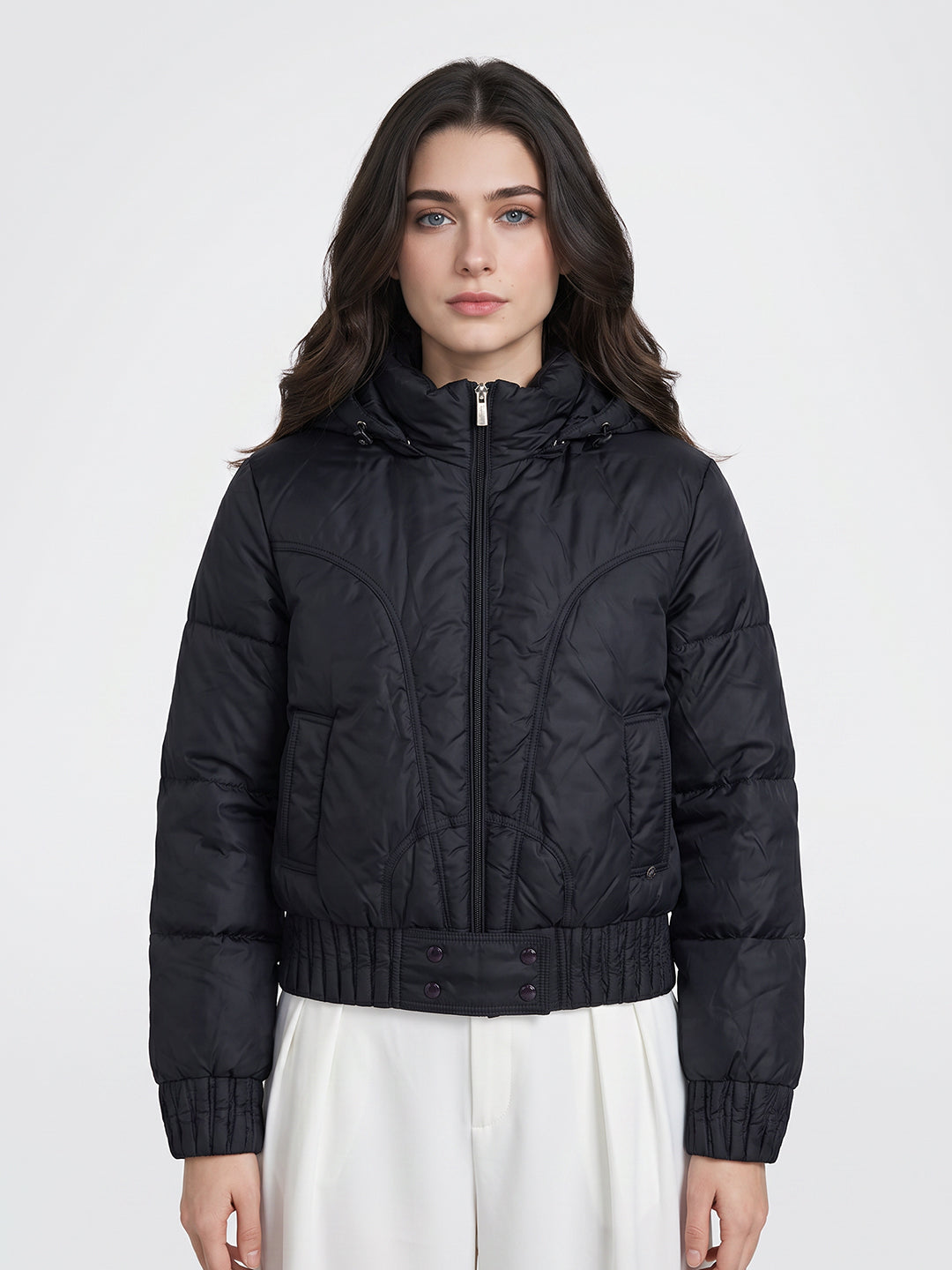 Women Navy Blue Solid Detachable Hood Full Sleeve Puffer Jacket