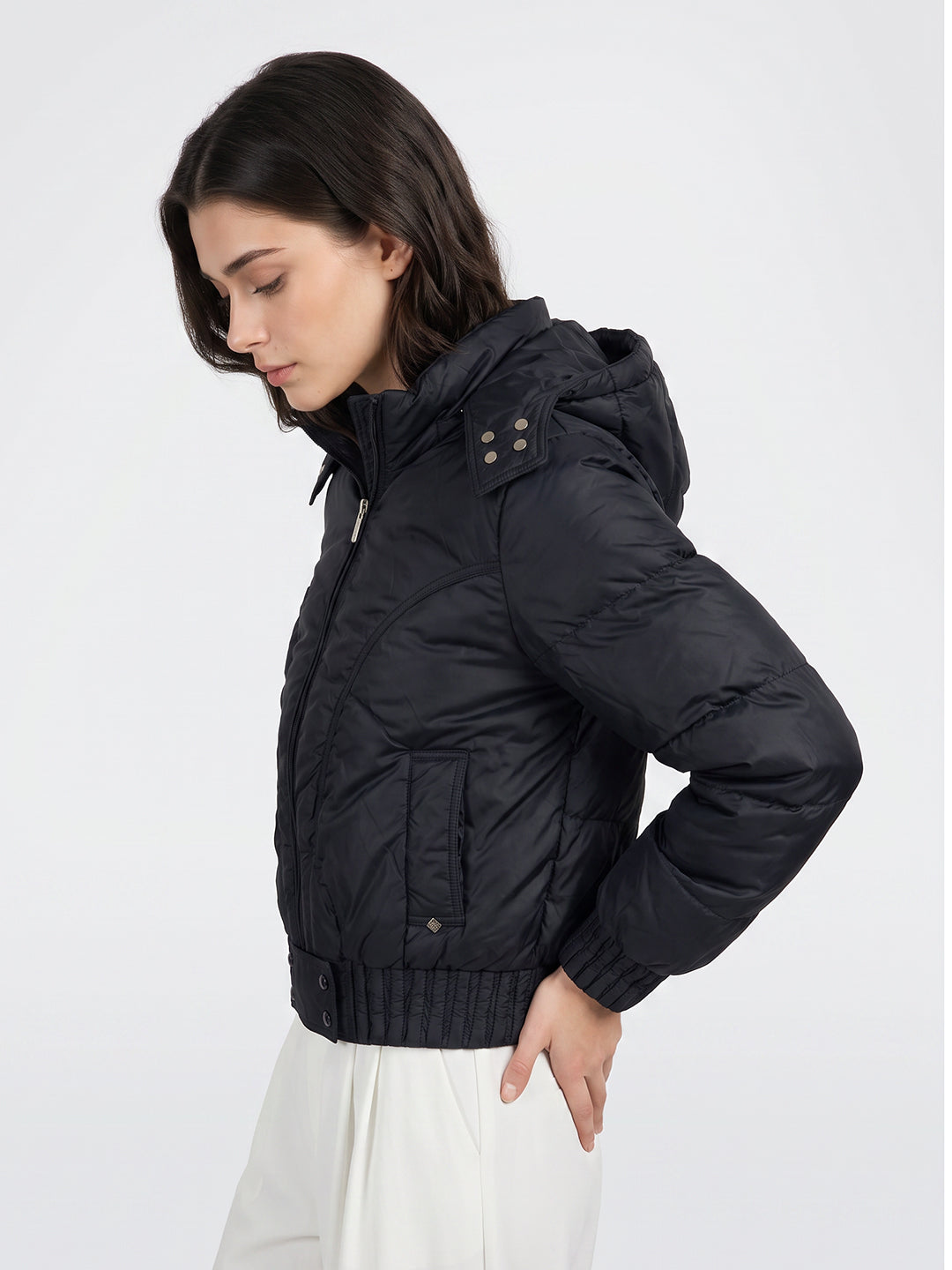 Women Navy Blue Solid Detachable Hood Full Sleeve Puffer Jacket