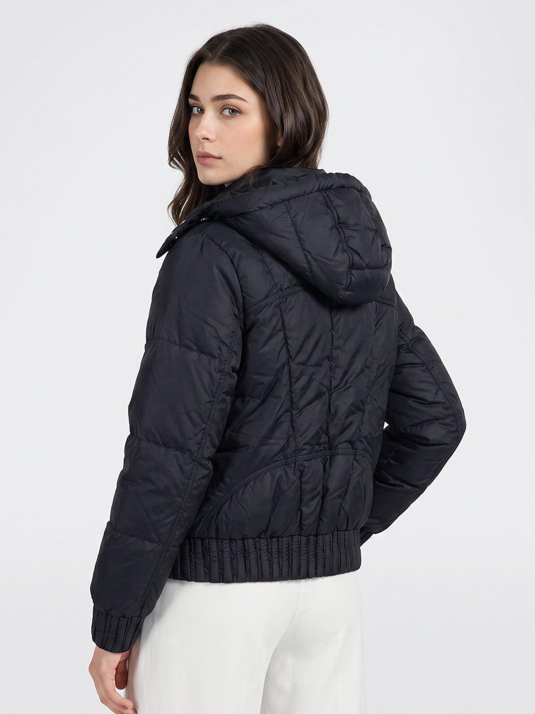 Women Navy Blue Solid Detachable Hood Full Sleeve Puffer Jacket