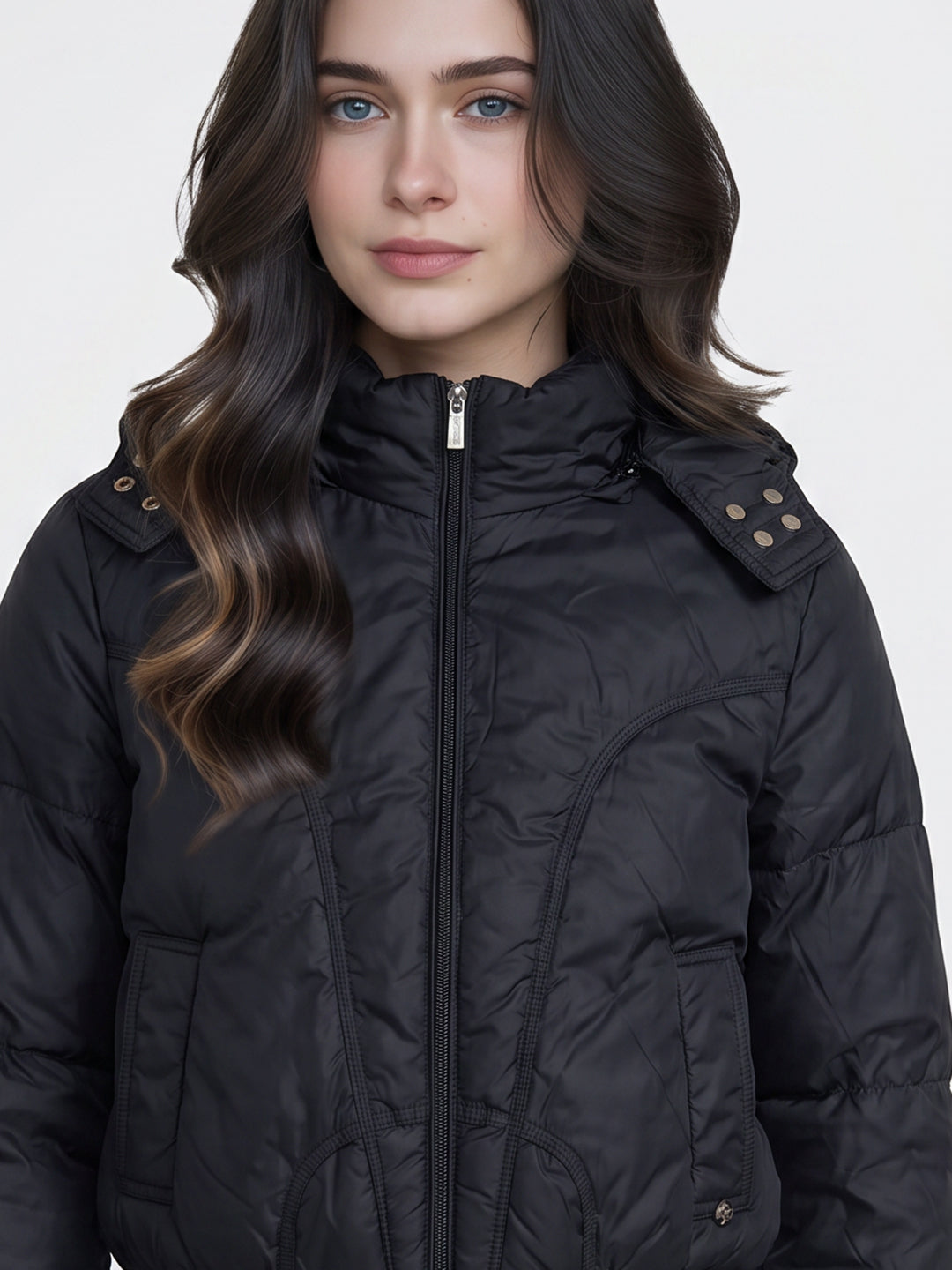 Women Navy Blue Solid Detachable Hood Full Sleeve Puffer Jacket