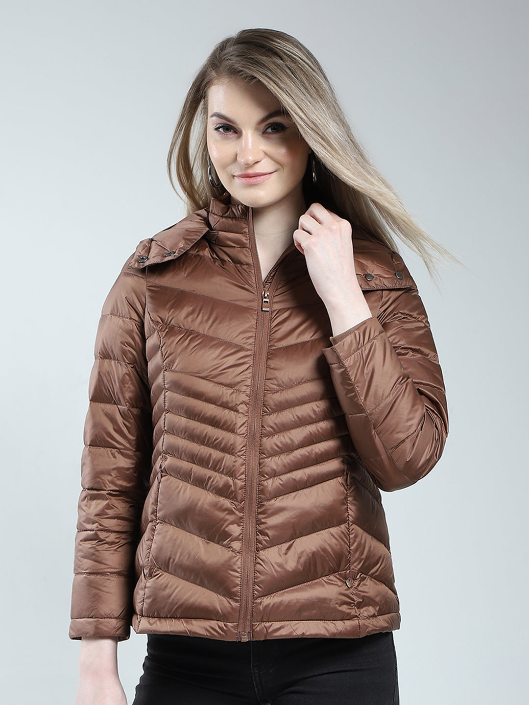 Women Brown Solid Detachable Hood Full Sleeve Puffer Jacket
