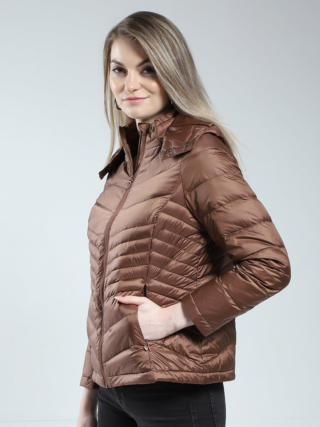 Women Brown Solid Detachable Hood Full Sleeve Puffer Jacket