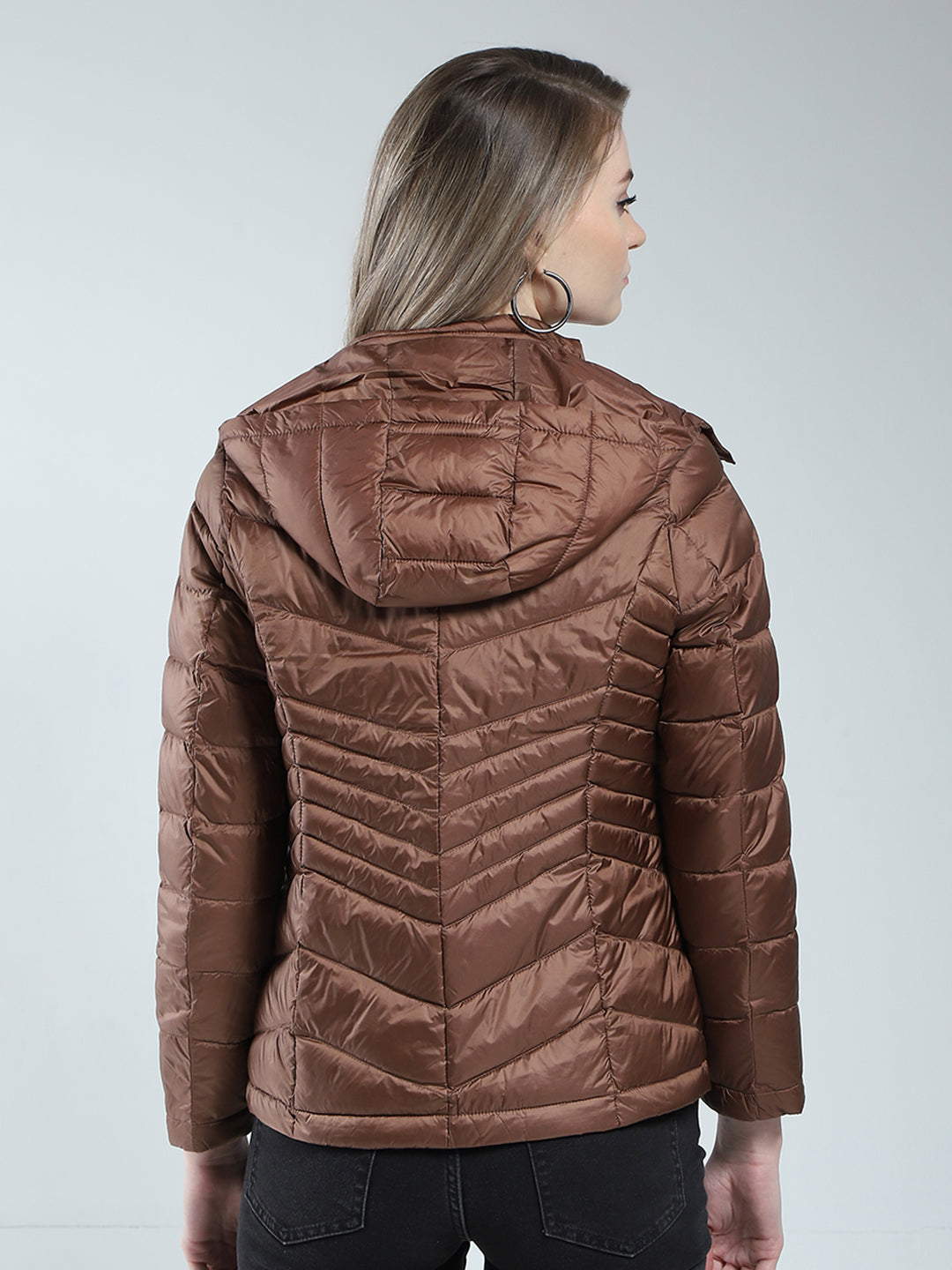 Women Brown Solid Detachable Hood Full Sleeve Puffer Jacket