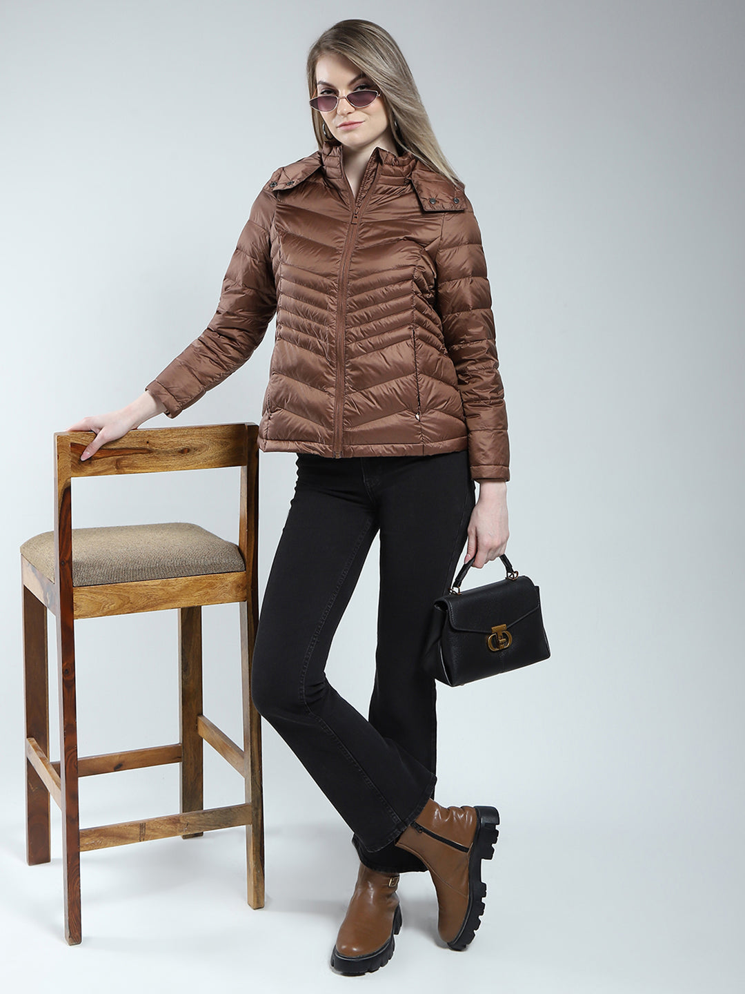 Women Brown Solid Detachable Hood Full Sleeve Puffer Jacket