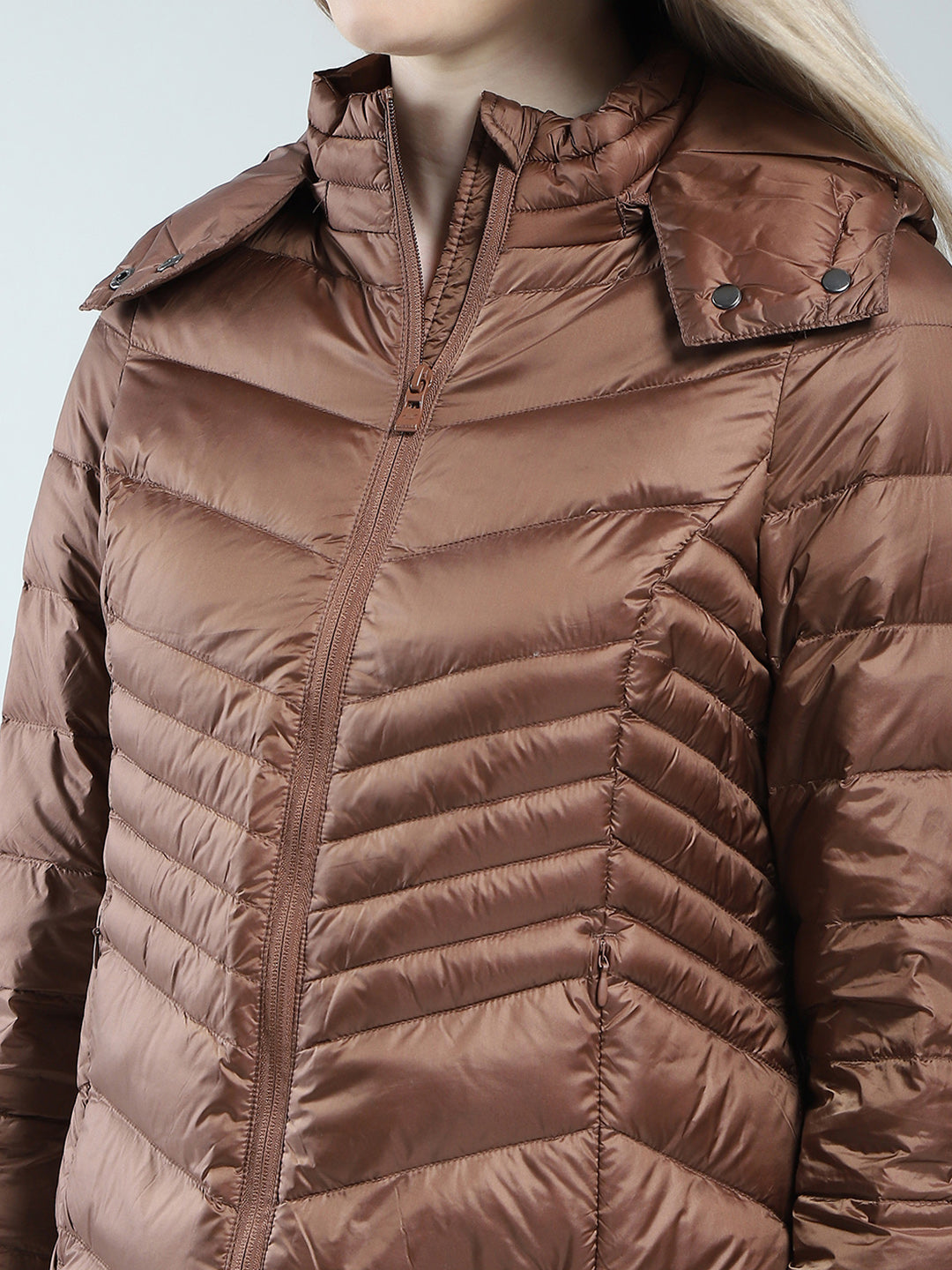 Women Brown Solid Detachable Hood Full Sleeve Puffer Jacket