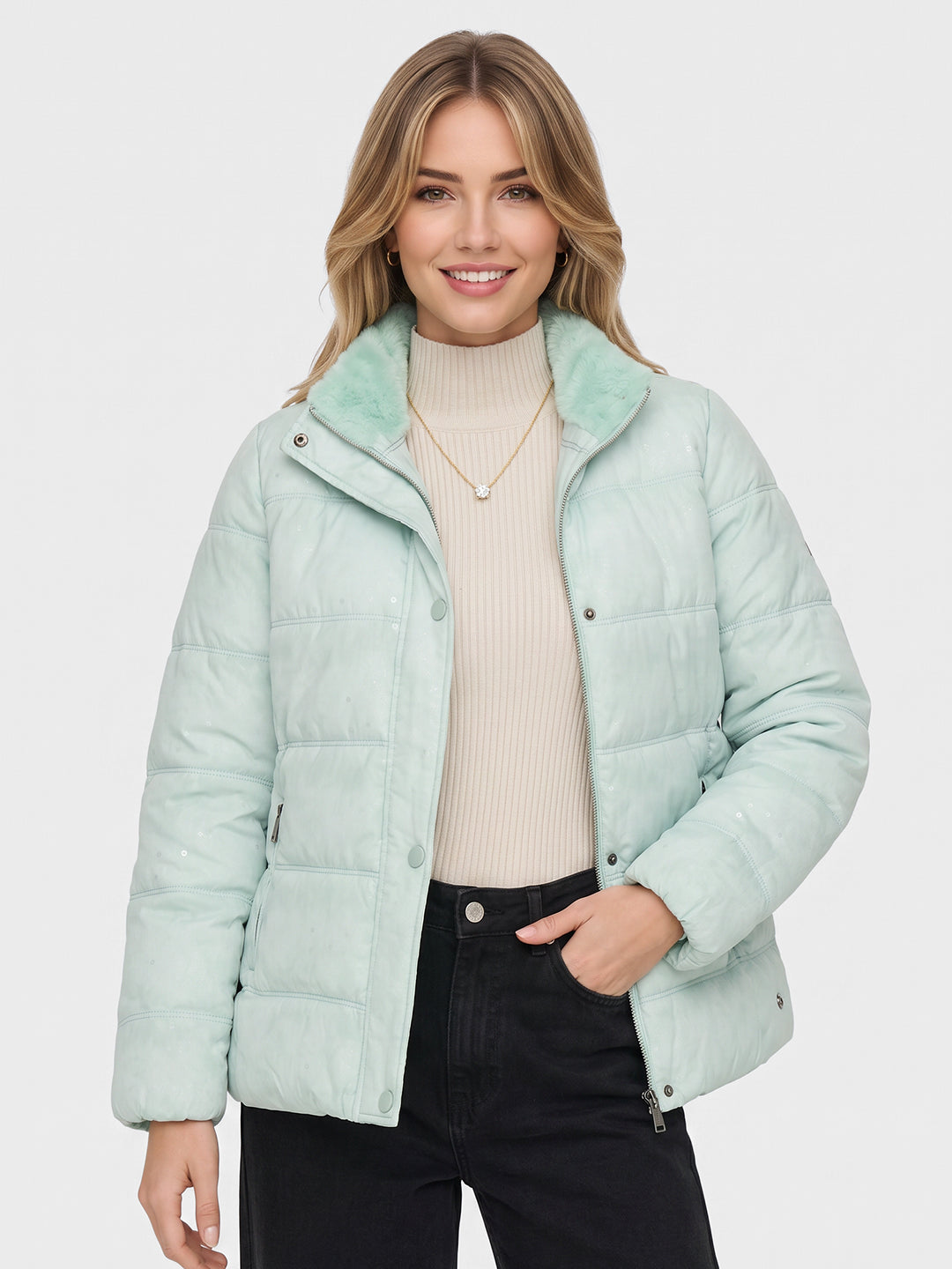 Women Aqua Blue Embroidered Collar Full Sleeve Quilted Jacket
