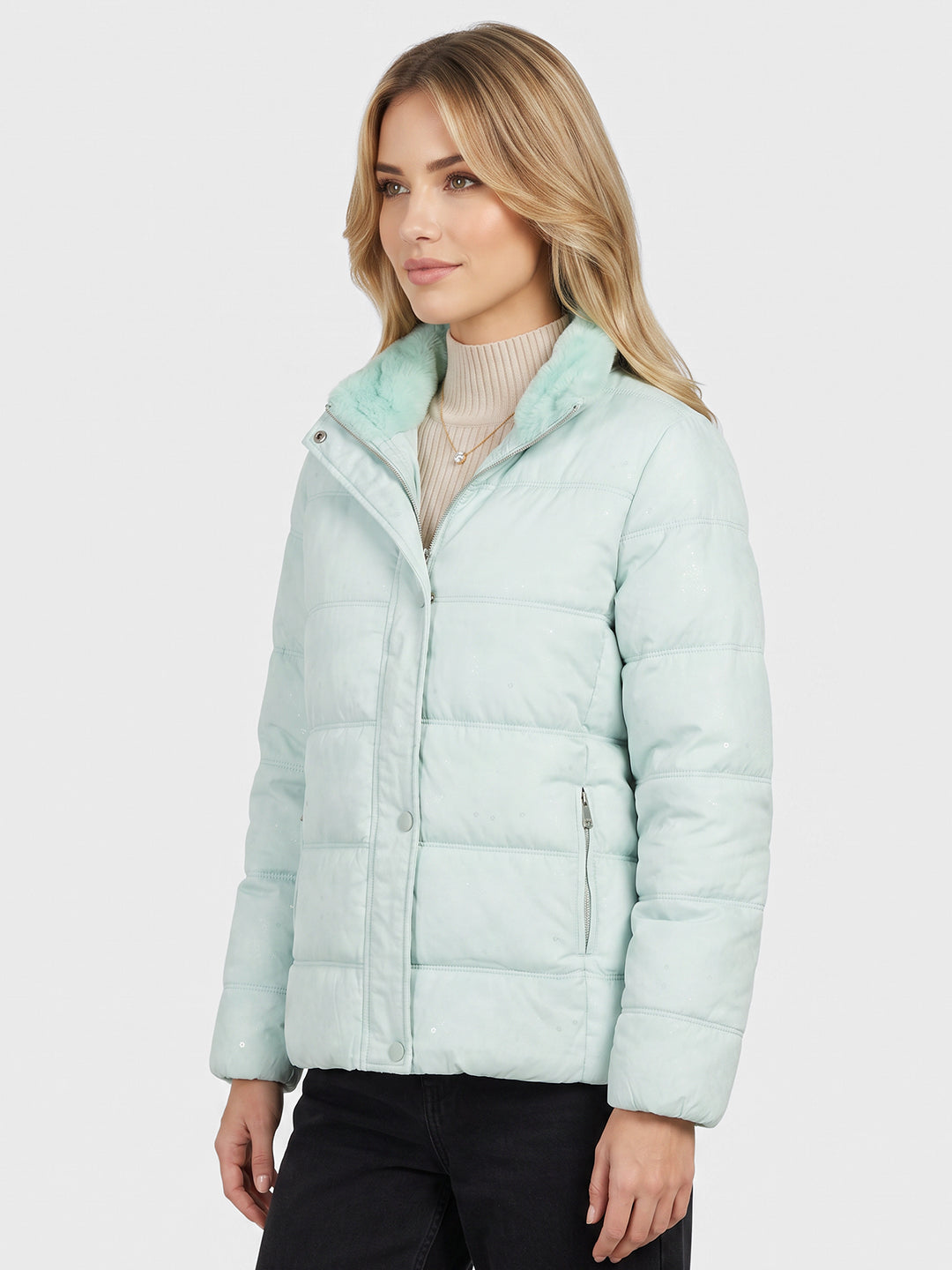 Women Aqua Blue Embroidered Collar Full Sleeve Quilted Jacket
