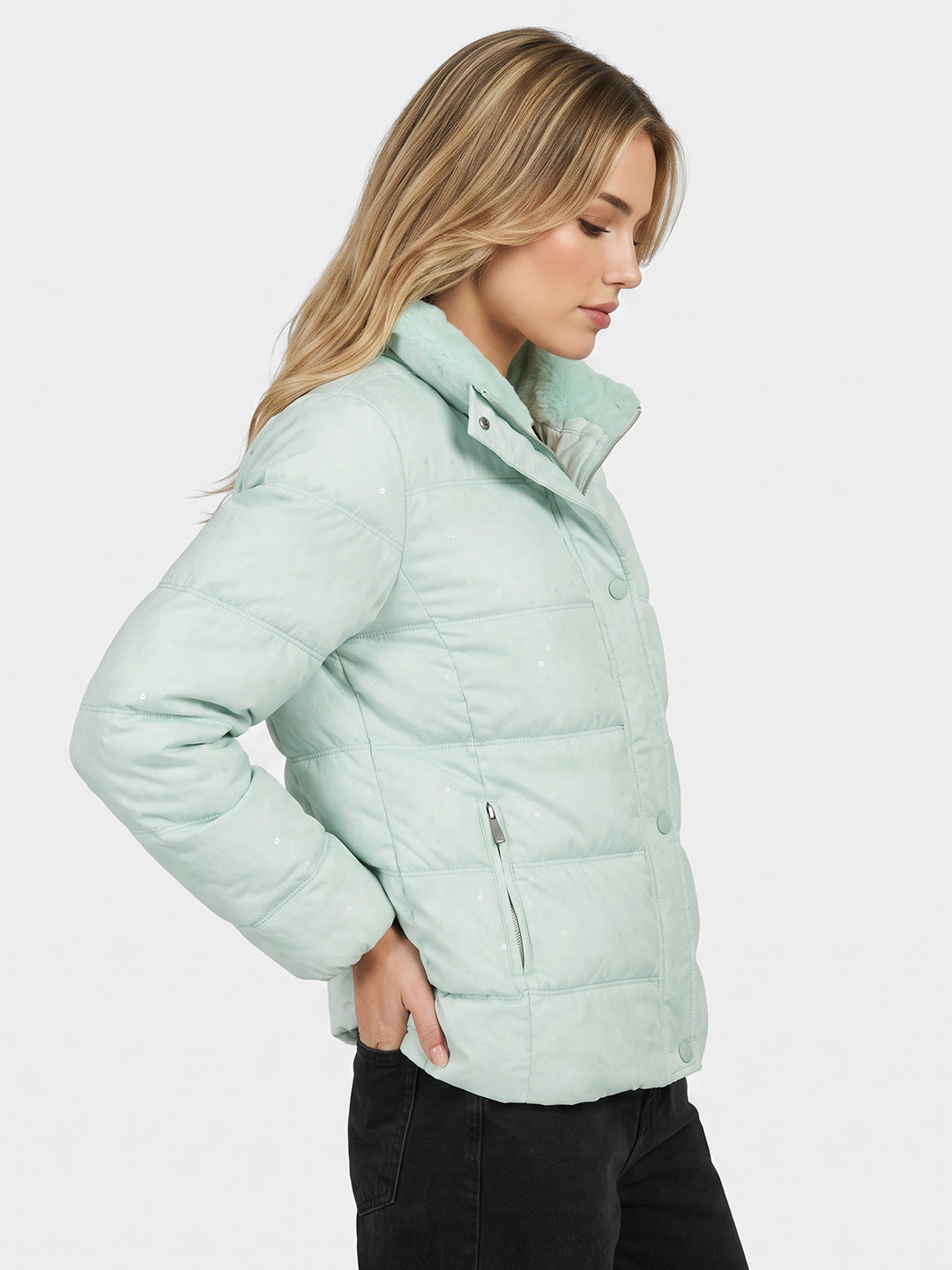 Women Aqua Blue Embroidered Collar Full Sleeve Quilted Jacket