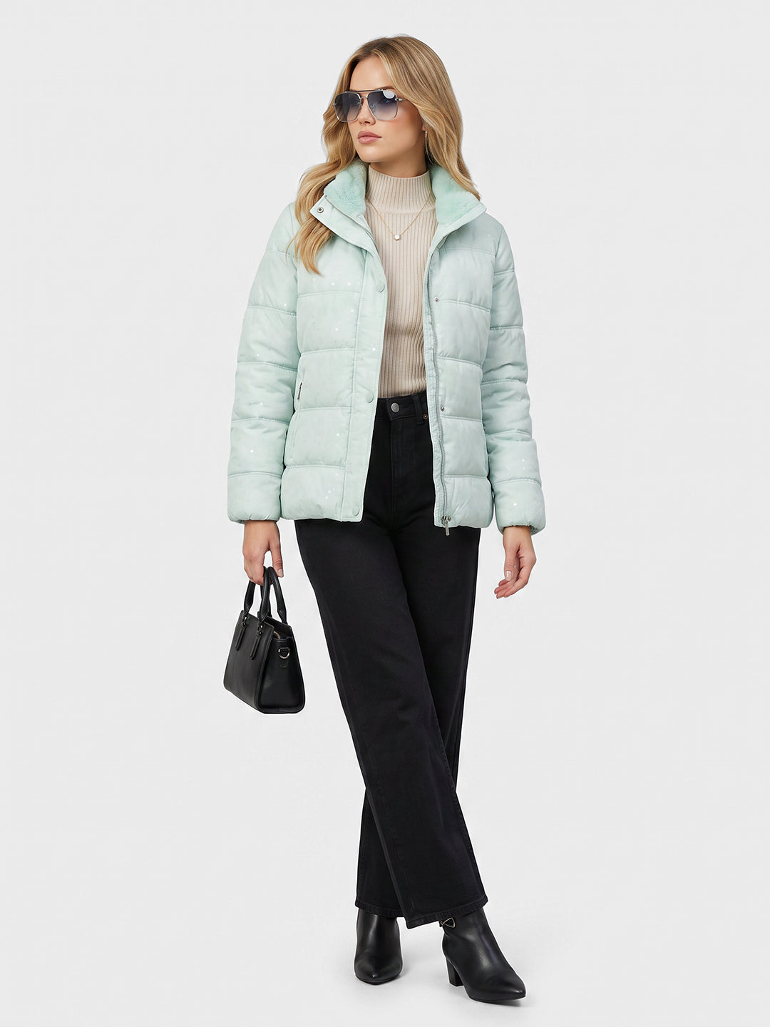 Women Aqua Blue Embroidered Collar Full Sleeve Quilted Jacket