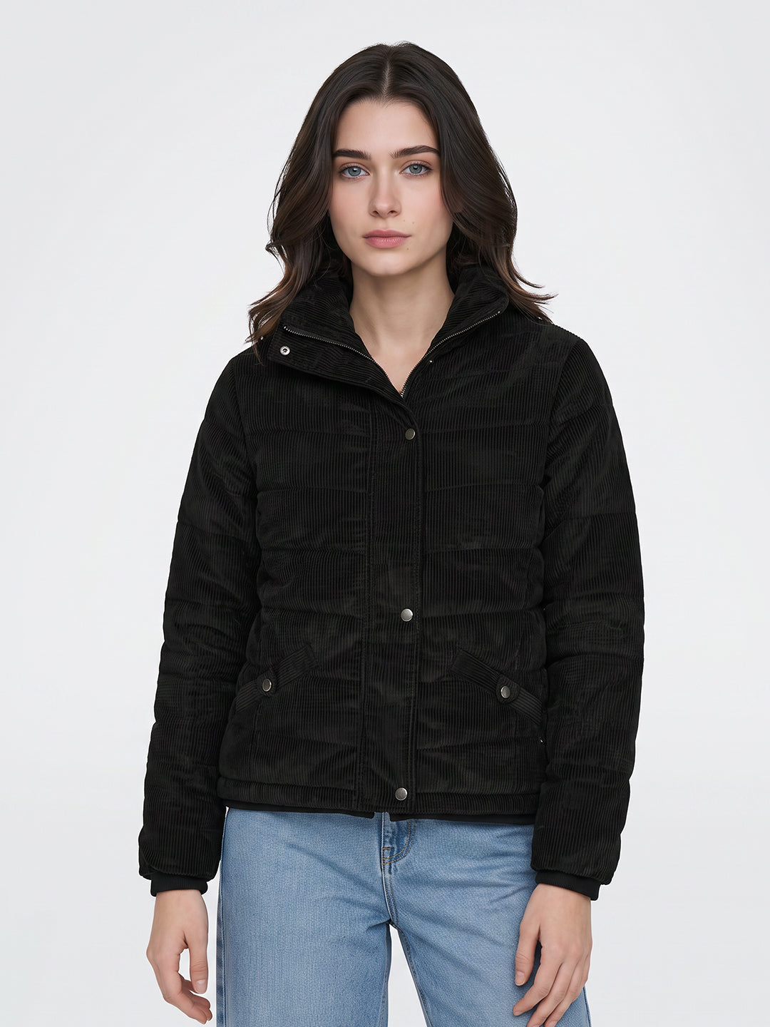 Women Black Self Design Stand Collar Full Sleeve Puffer Jacket