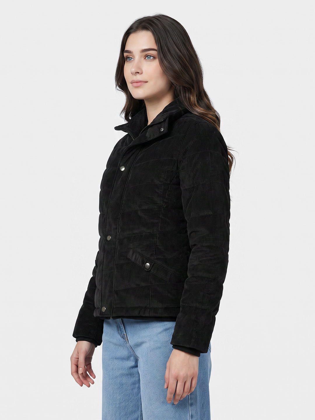 Women Black Self Design Stand Collar Full Sleeve Puffer Jacket